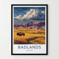 Badlands Poster - South Dakota Scenic Art - Bison Golden Plains Wall Decor