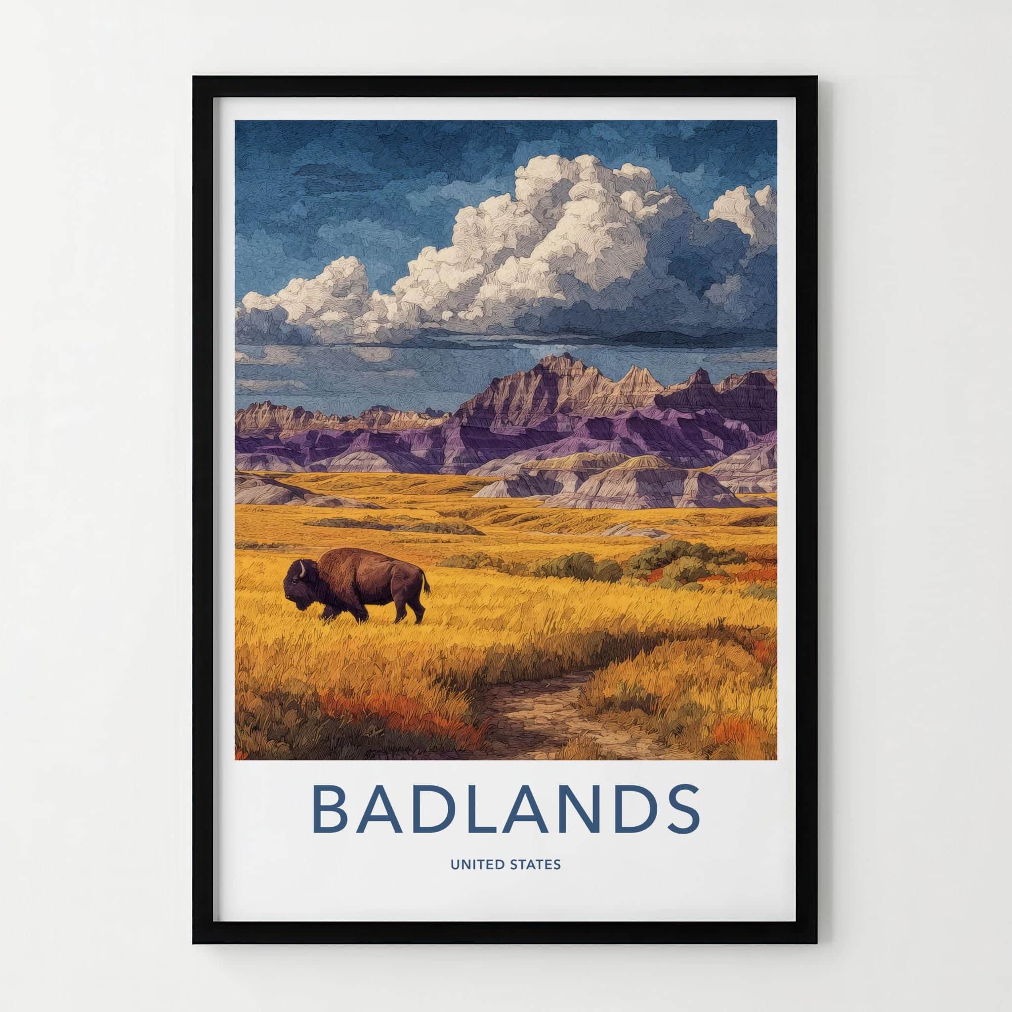 Badlands Poster - South Dakota Scenic Art - Bison Golden Plains Wall Decor