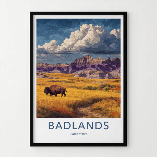 Badlands Poster - South Dakota Scenic Art - Bison Golden Plains Wall Decor