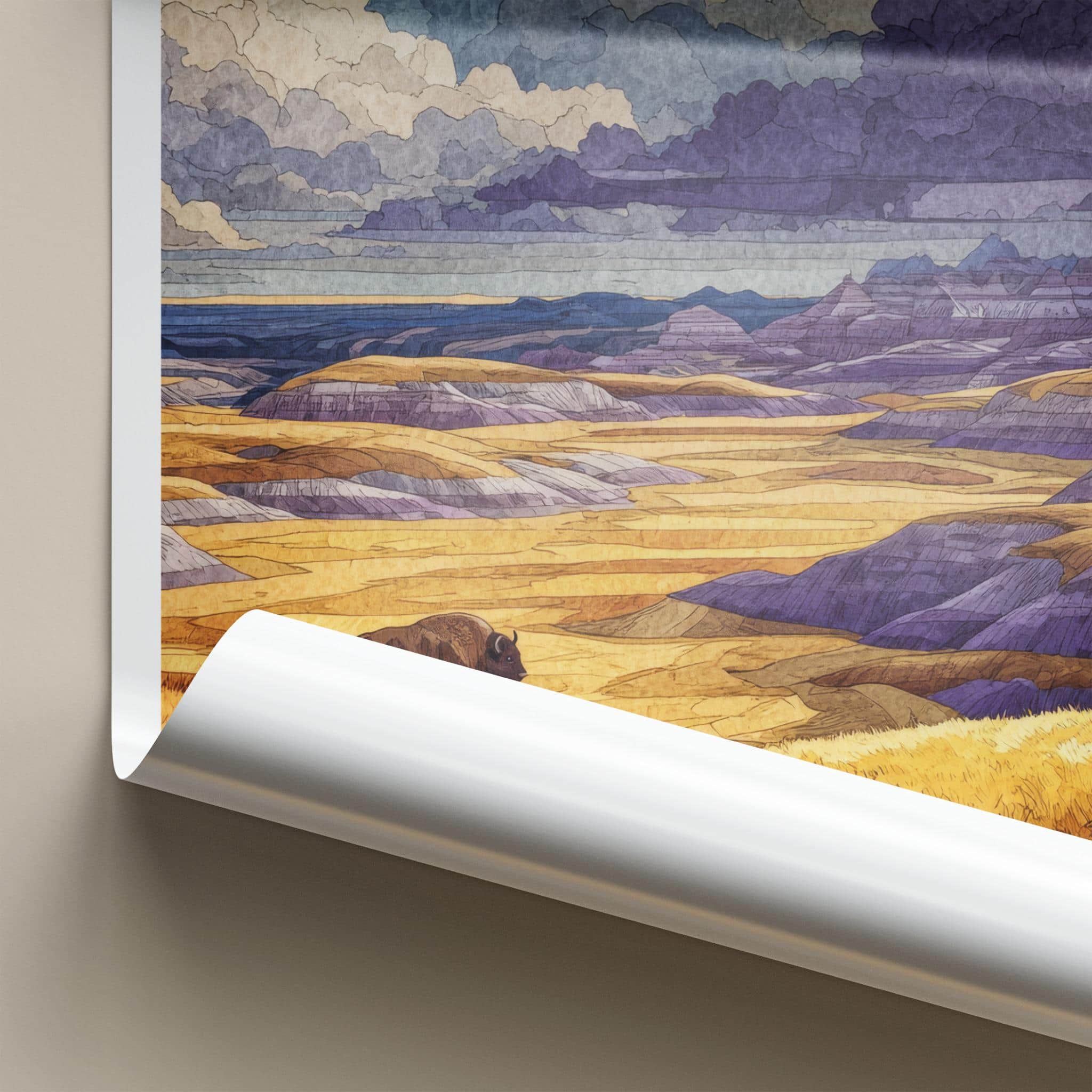 Badlands Poster - South Dakota Travel Art - Bison Layered Hills Travel Decor
