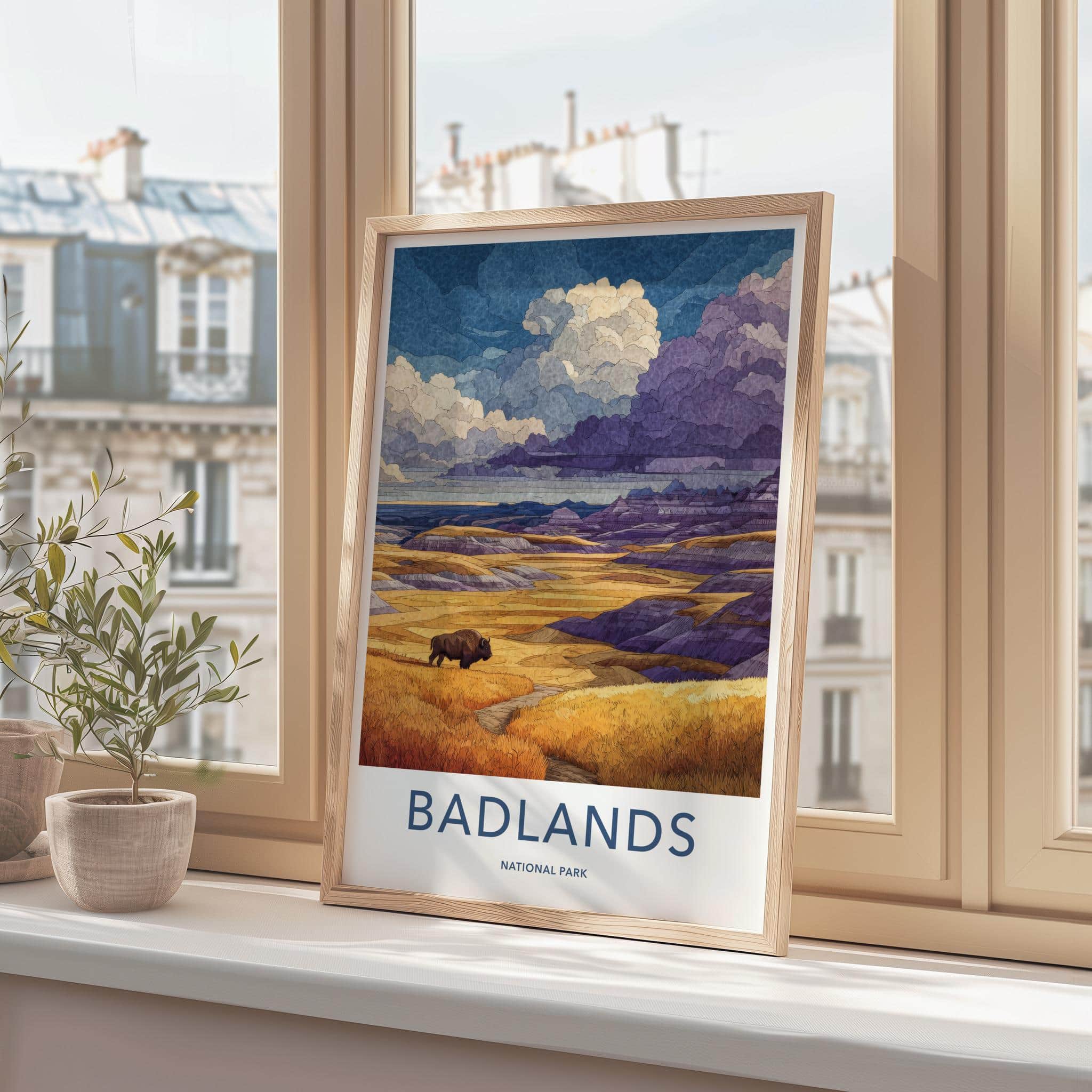 Badlands Poster - South Dakota Travel Art - Bison Layered Hills Travel Decor