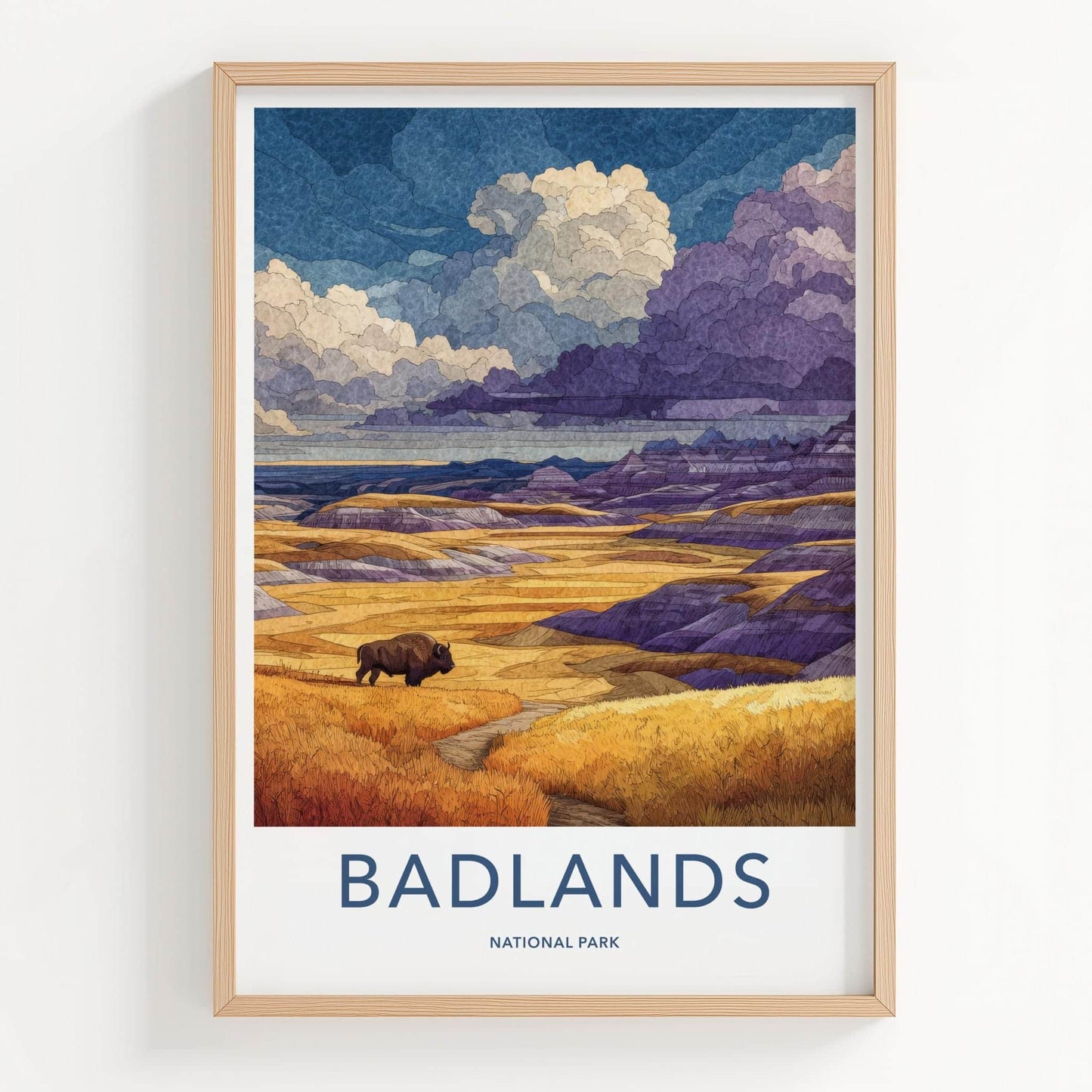 Badlands Poster - South Dakota Travel Art - Bison Layered Hills Travel Decor