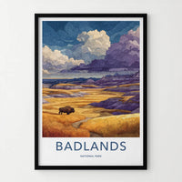 Badlands Poster - South Dakota Travel Art - Bison Layered Hills Travel Decor