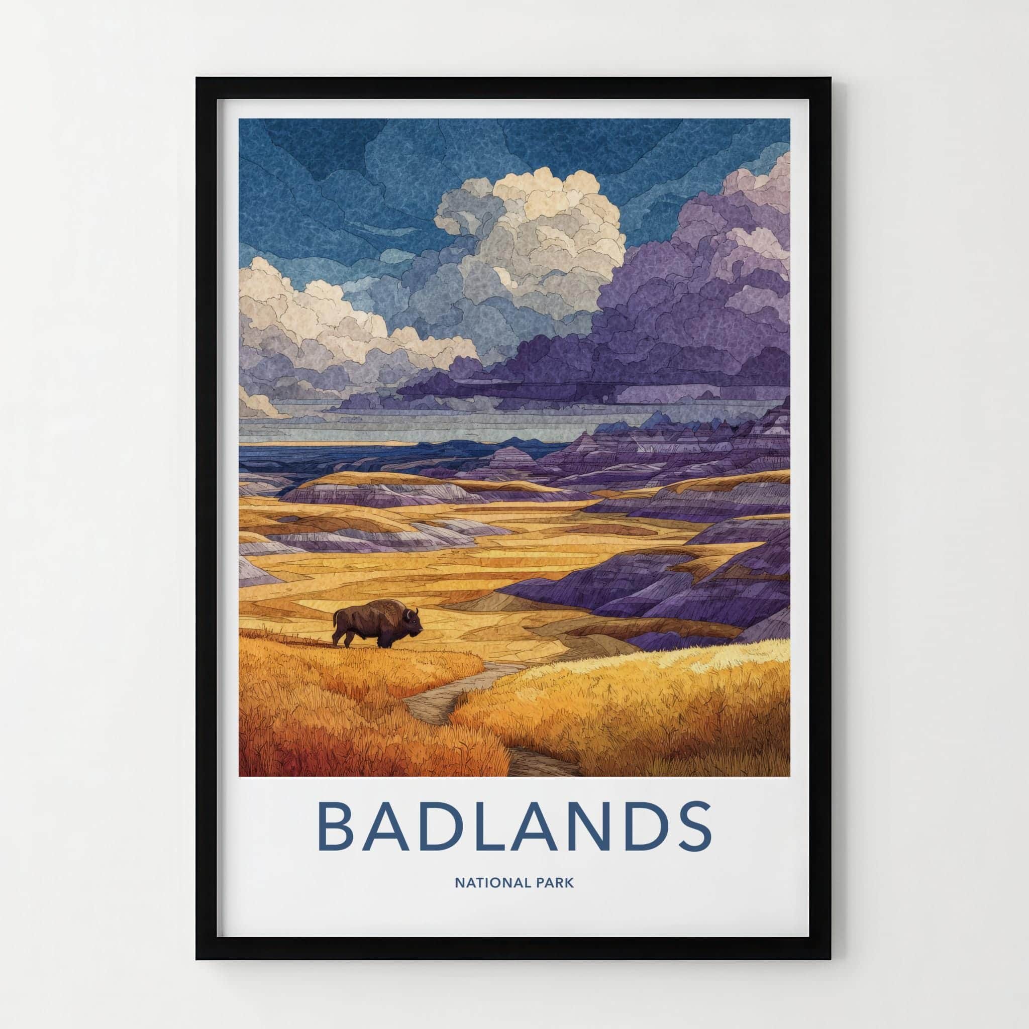 Badlands Poster - South Dakota Travel Art - Bison Layered Hills Travel Decor