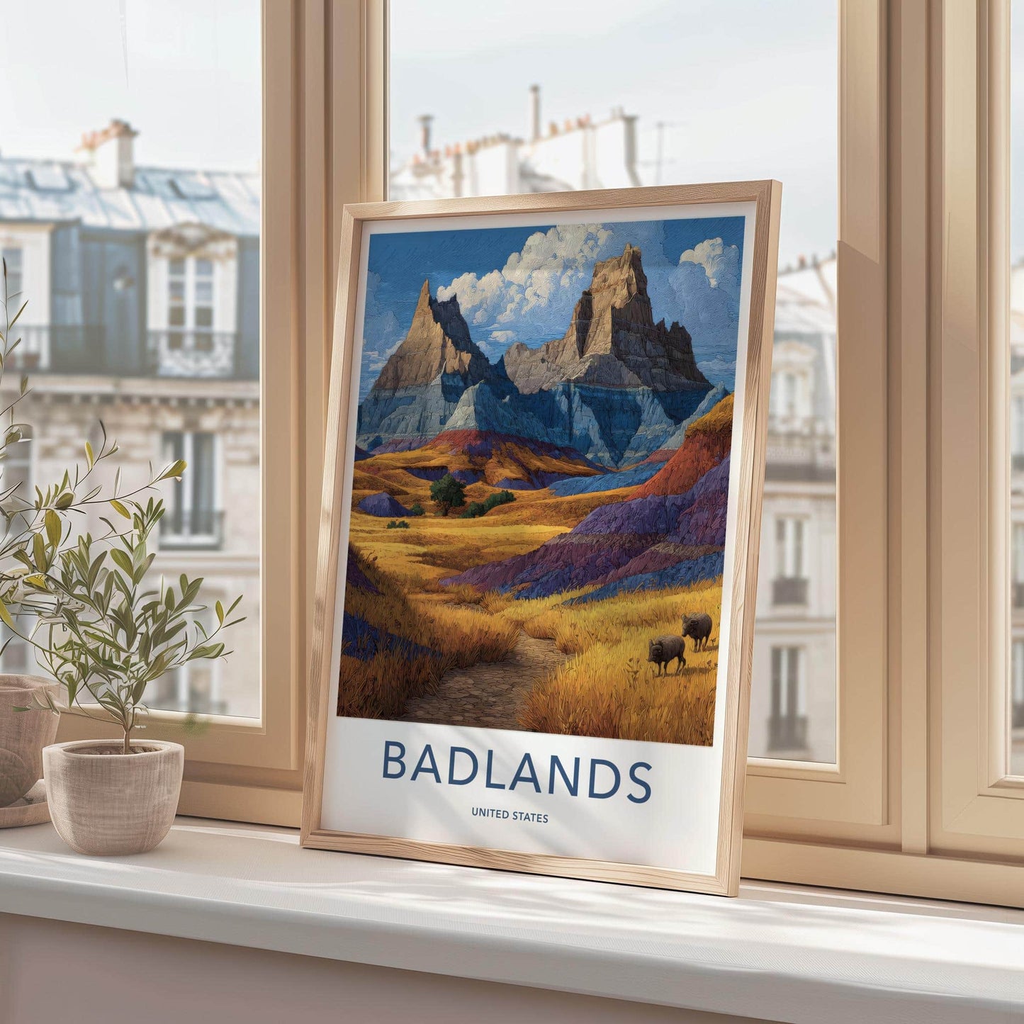 Badlands Poster - South Dakota Travel Art - Textured Hills Bison Wall Decor