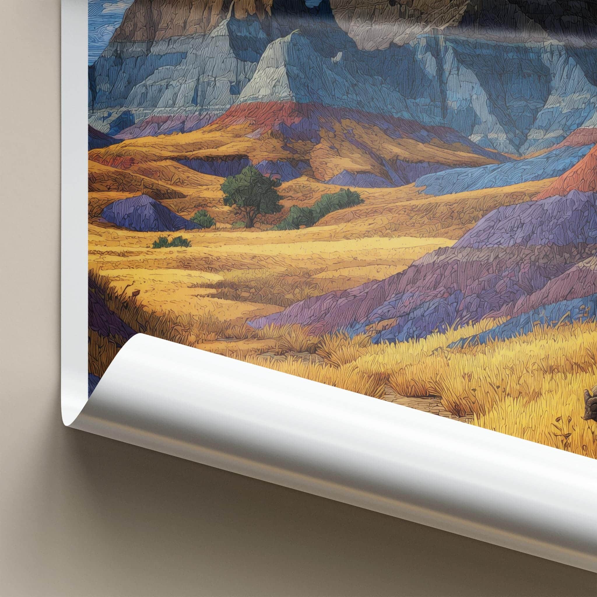 Badlands Poster - South Dakota Travel Art - Textured Hills Bison Wall Decor