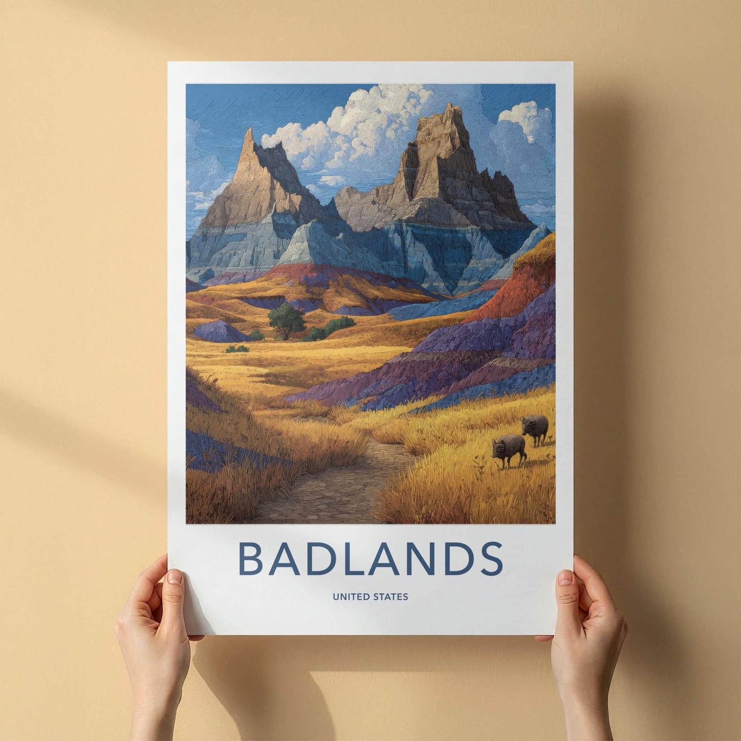 Badlands Poster - South Dakota Travel Art - Textured Hills Bison Wall Decor