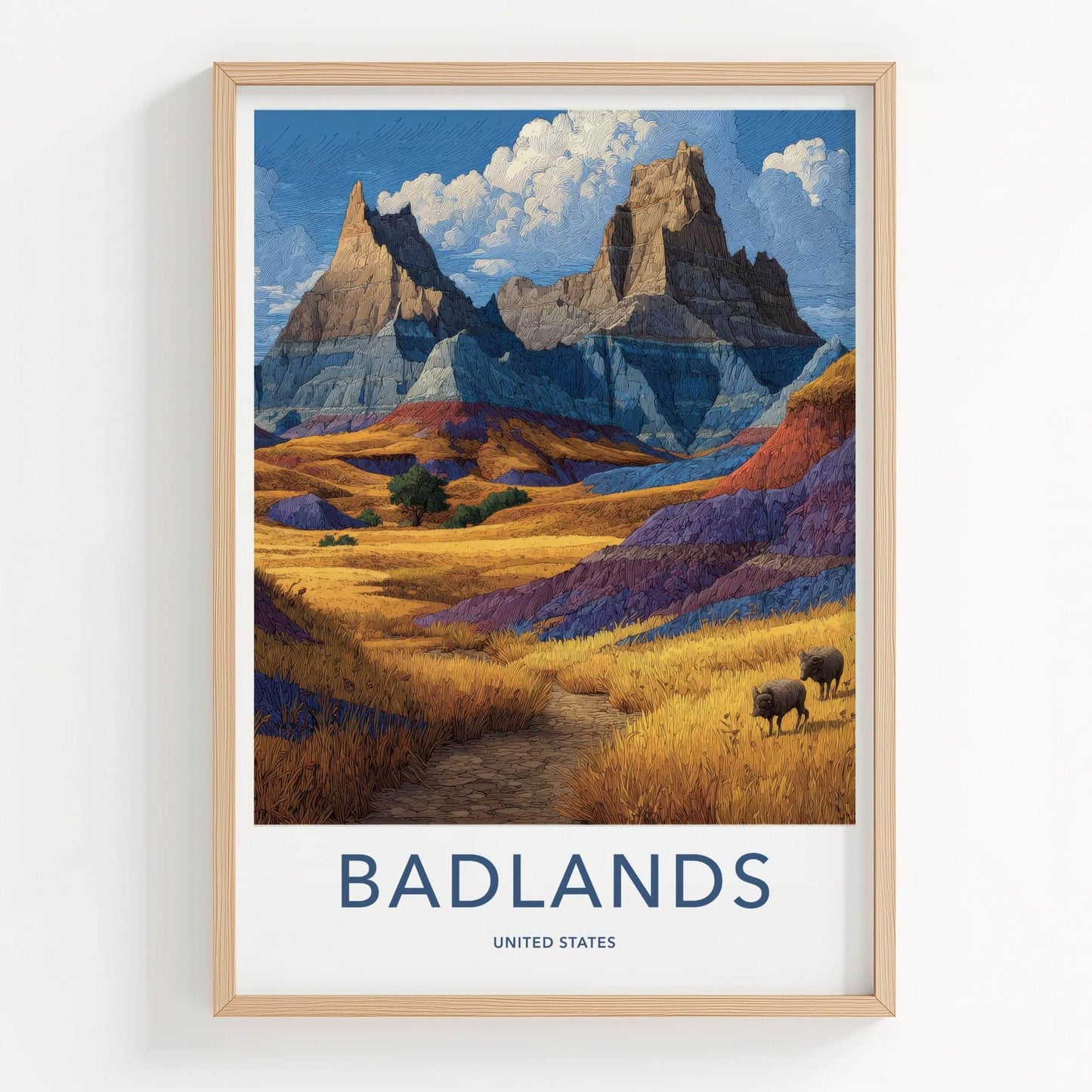 Badlands Poster - South Dakota Travel Art - Textured Hills Bison Wall Decor