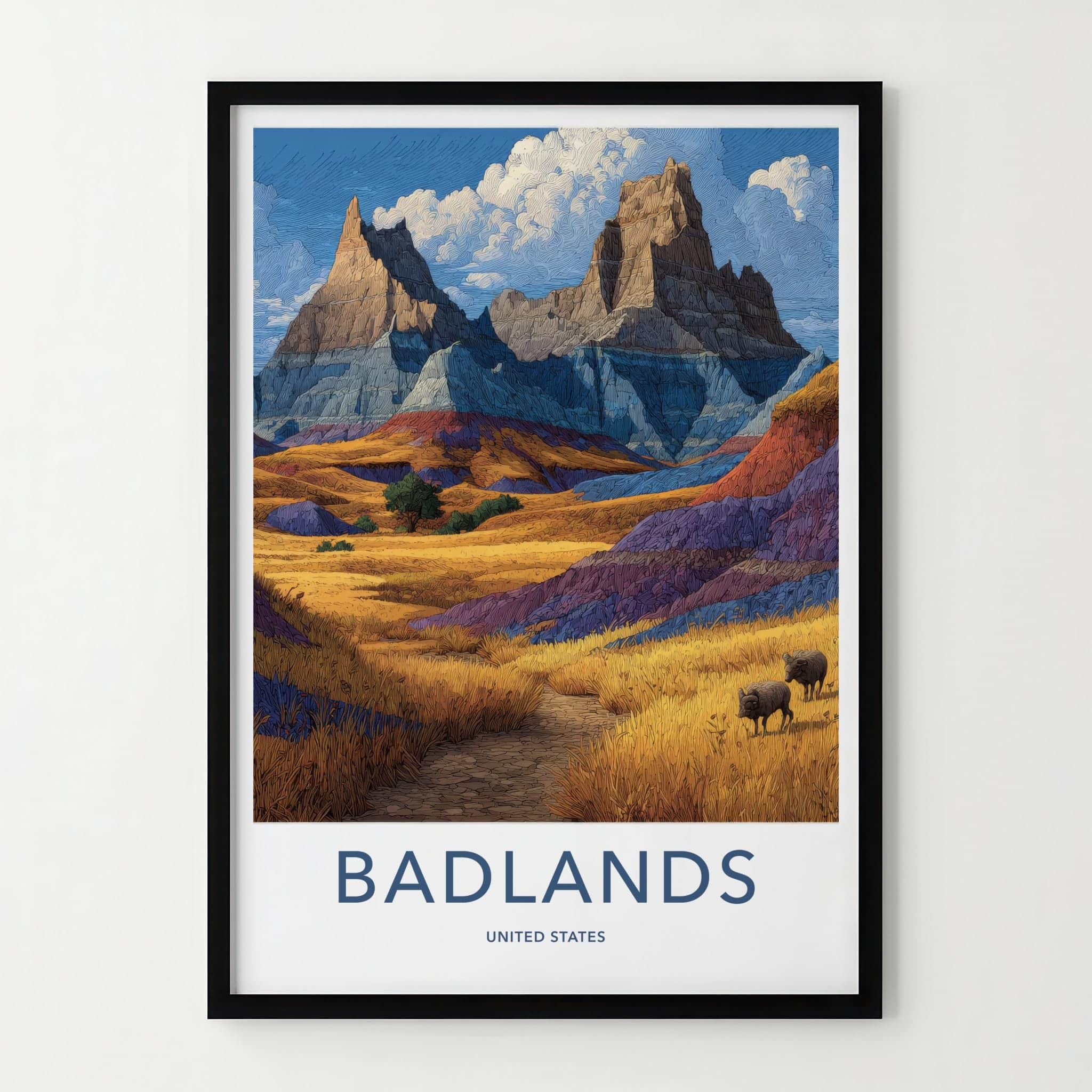 Badlands Poster - South Dakota Travel Art - Textured Hills Bison Wall Decor