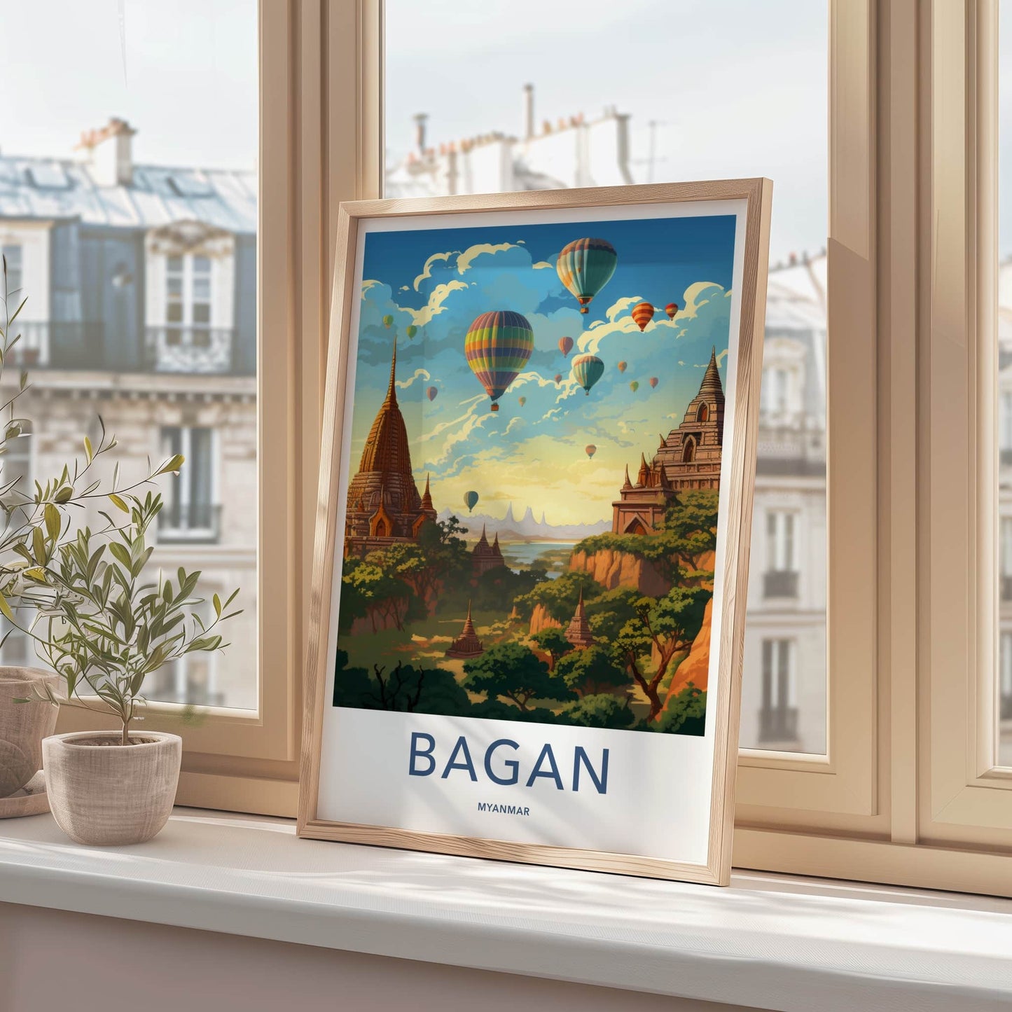 Bagan Poster - Myanmar Travel Art - Colorful Balloons Pagodas Wall Decor
