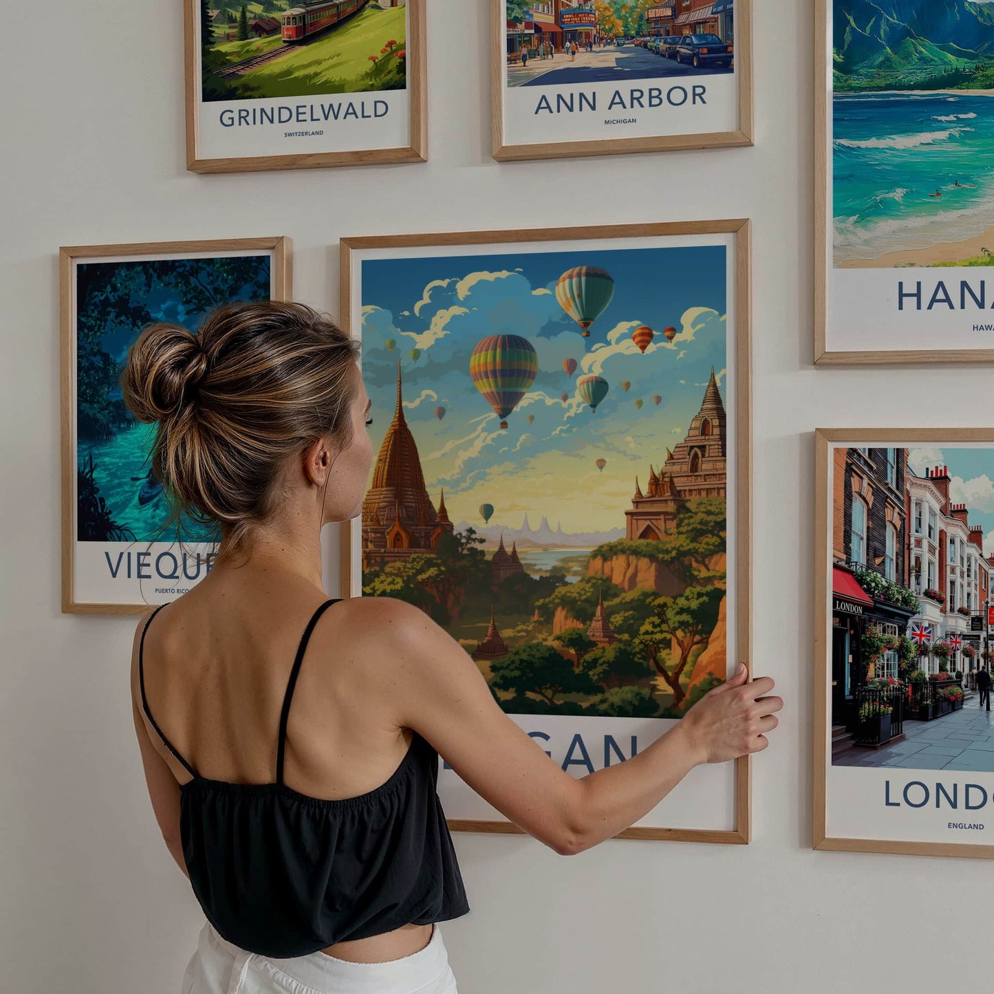 Bagan Poster - Myanmar Travel Art - Colorful Balloons Pagodas Wall Decor