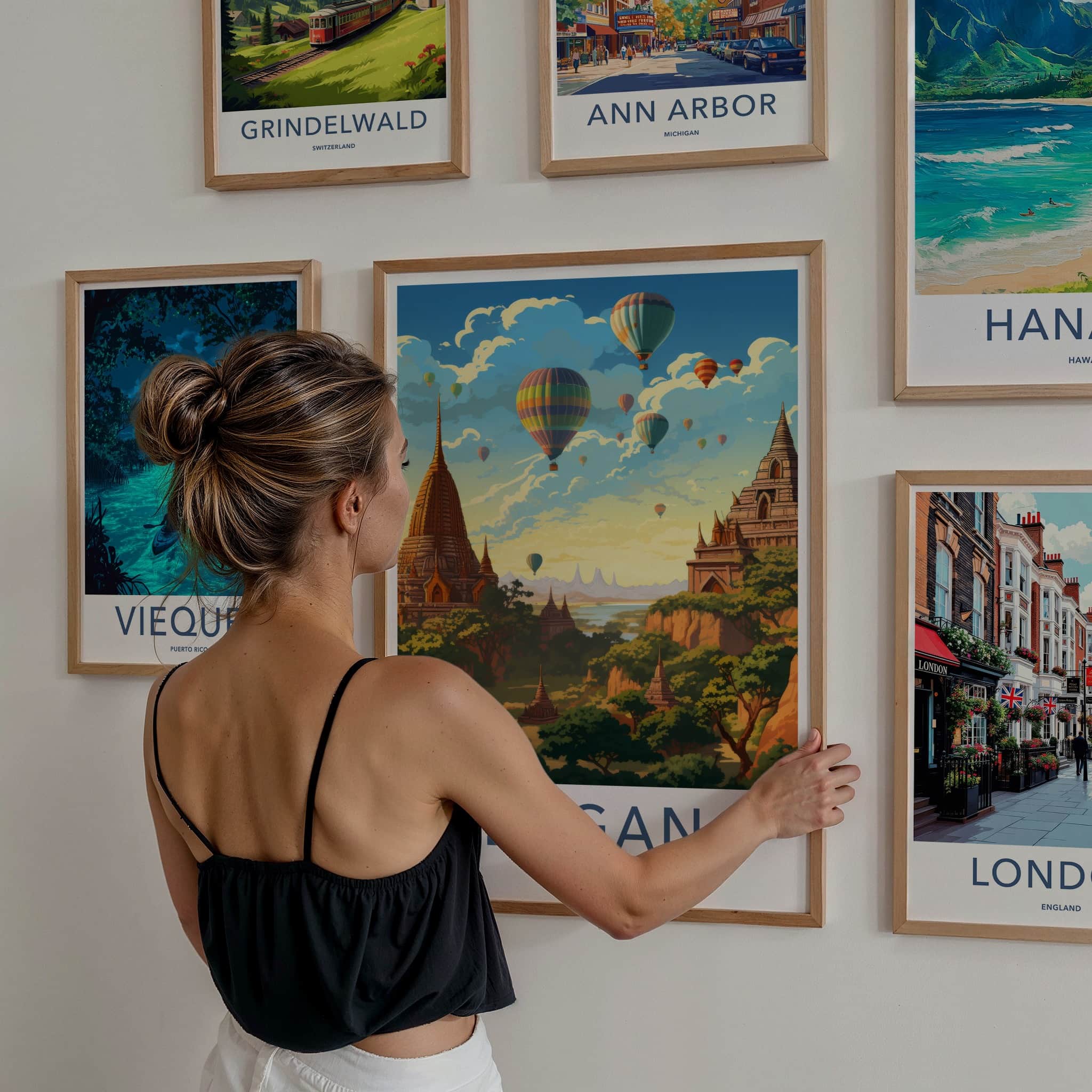 Bagan Poster - Myanmar Travel Art - Colorful Balloons Pagodas Wall Decor