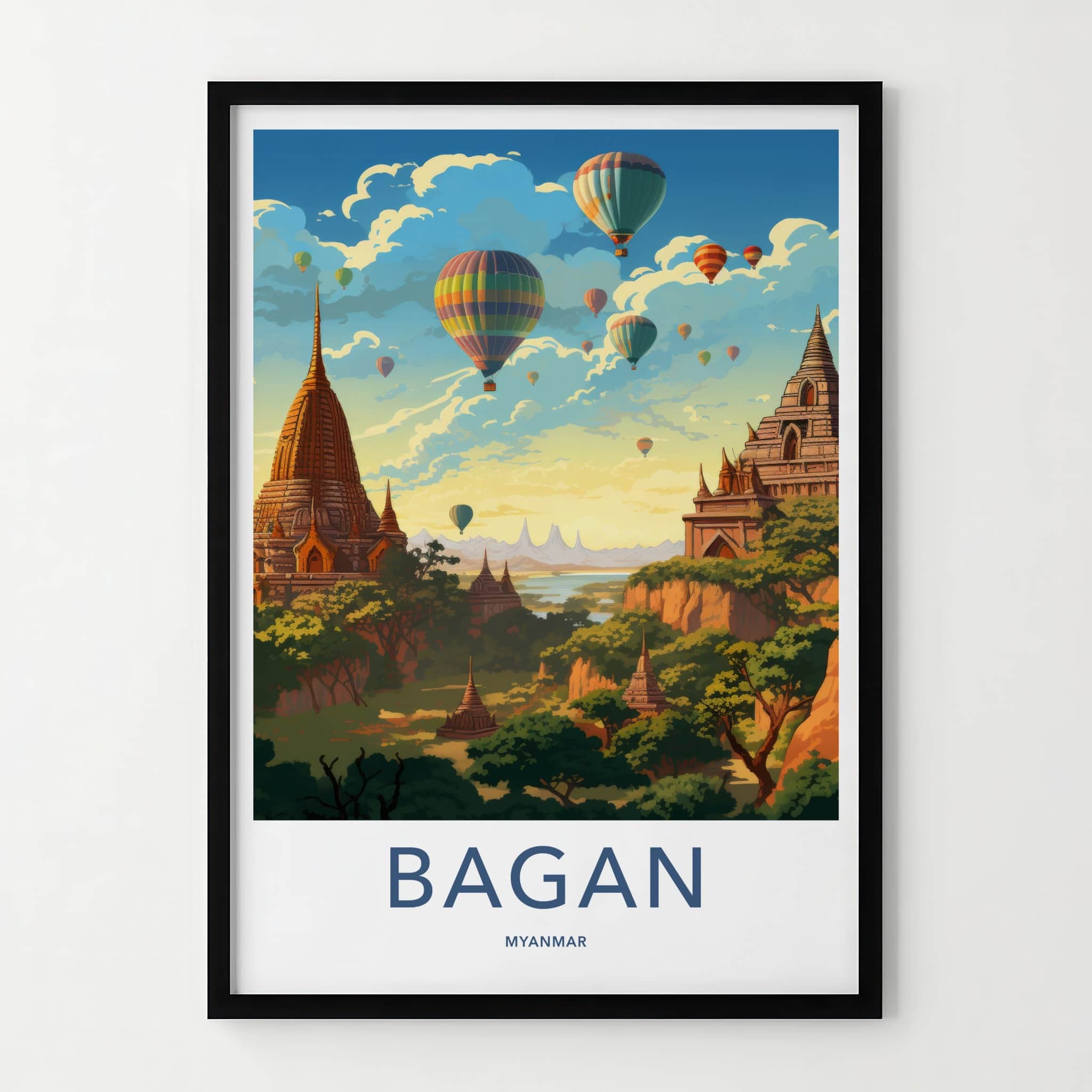Bagan Poster - Myanmar Travel Art - Colorful Balloons Pagodas Wall Decor