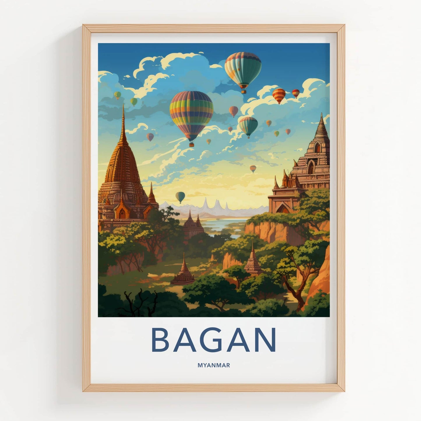 Bagan Poster - Myanmar Travel Art - Colorful Balloons Pagodas Wall Decor