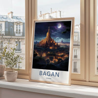 Bagan Poster - Myanmar Travel Art - Golden Pagodas Moonlight Home Decor