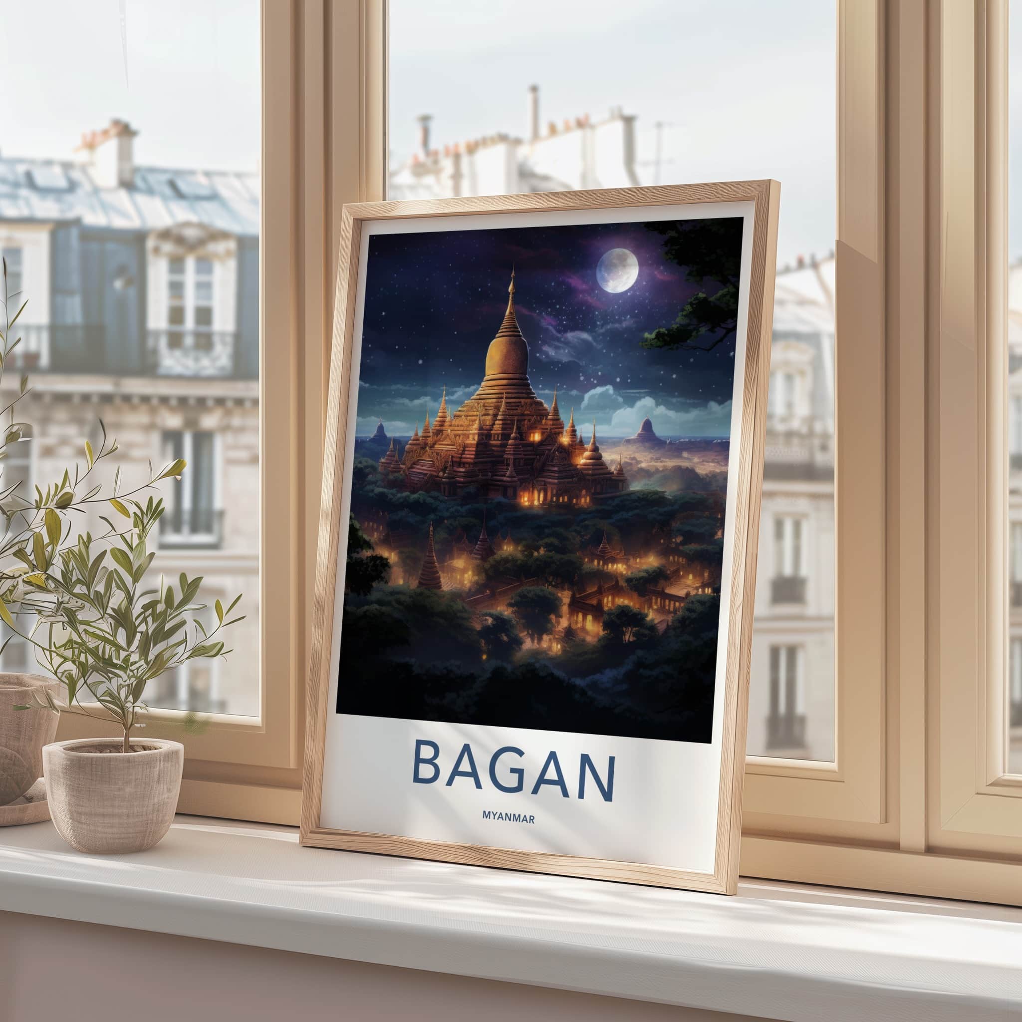 Bagan Poster - Myanmar Travel Art - Golden Pagodas Moonlight Home Decor