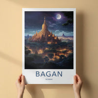 Bagan Poster - Myanmar Travel Art - Golden Pagodas Moonlight Home Decor