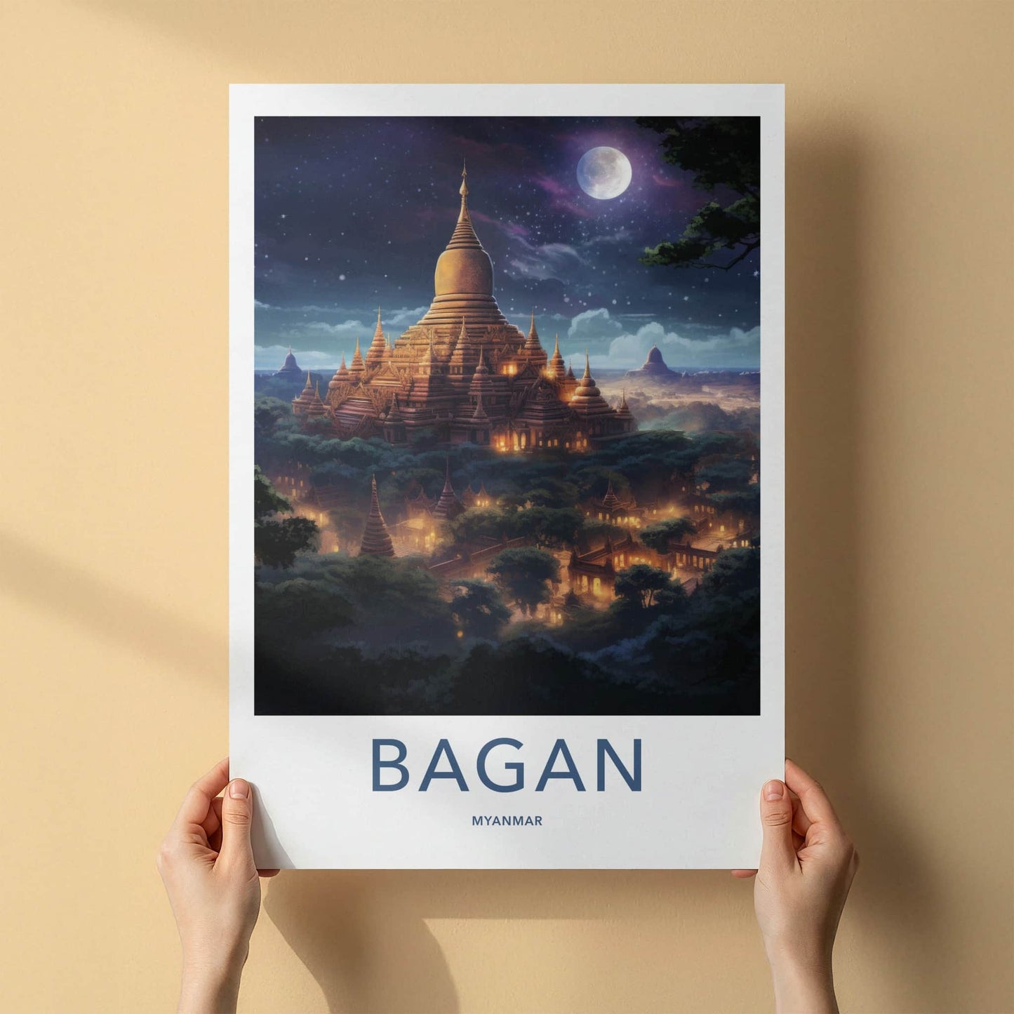 Bagan Poster - Myanmar Travel Art - Golden Pagodas Moonlight Home Decor