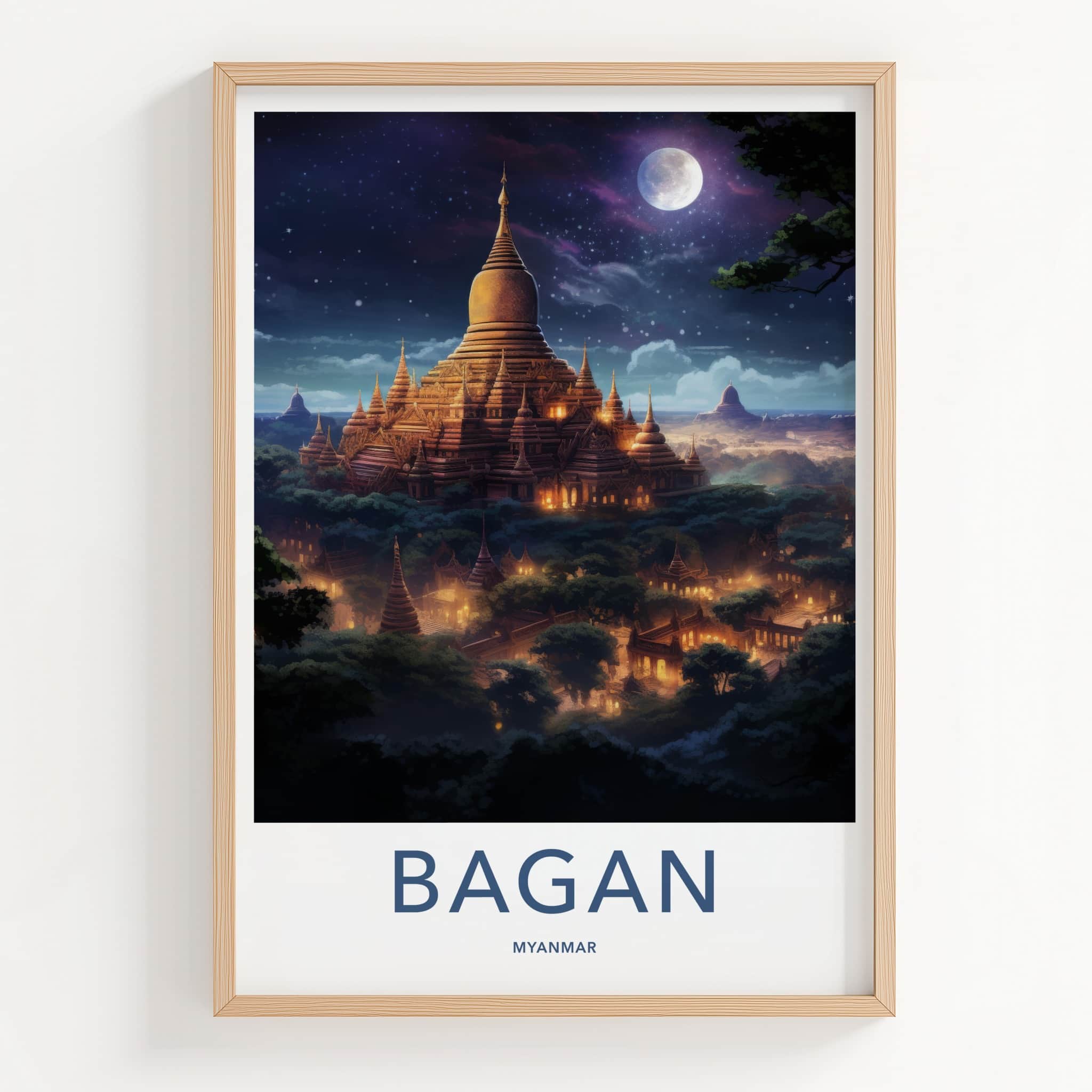 Bagan Poster - Myanmar Travel Art - Golden Pagodas Moonlight Home Decor