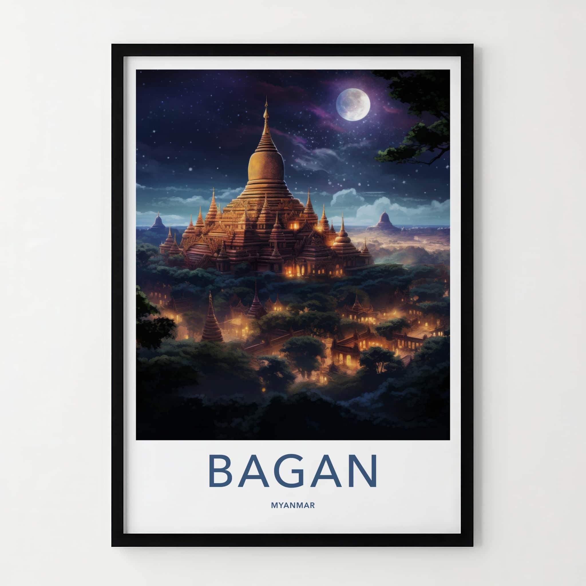 Bagan Poster - Myanmar Travel Art - Golden Pagodas Moonlight Home Decor