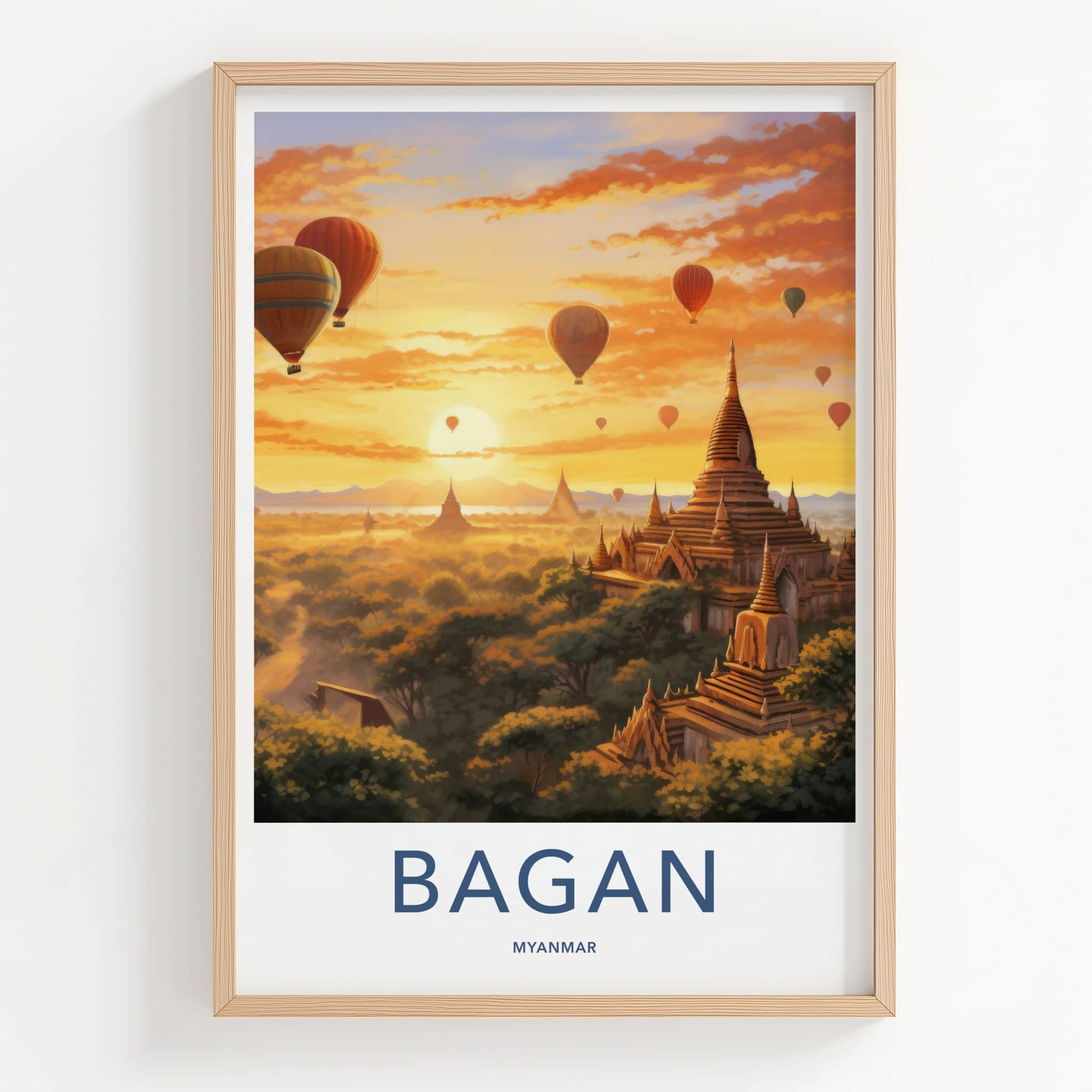 Bagan Poster - Myanmar Travel Art - Golden Temple Sunset Wall Decor