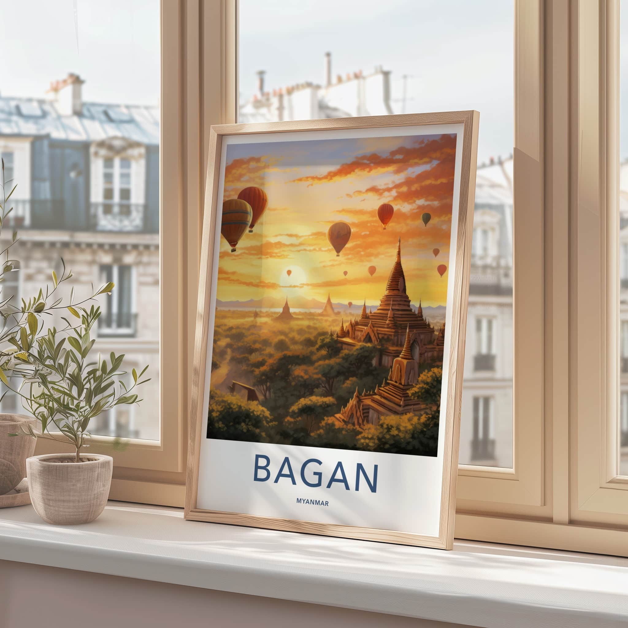 Bagan Poster - Myanmar Travel Art - Golden Temple Sunset Wall Decor