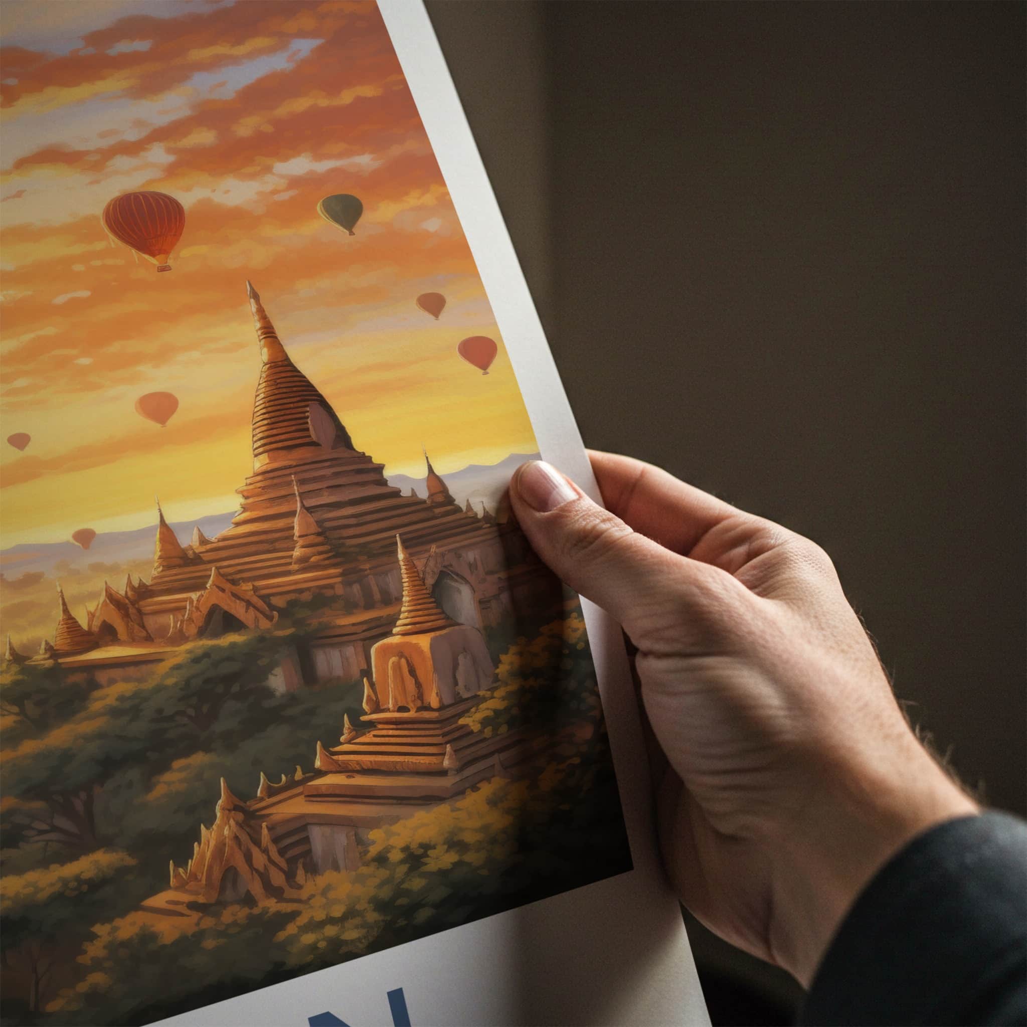 Bagan Poster - Myanmar Travel Art - Golden Temple Sunset Wall Decor