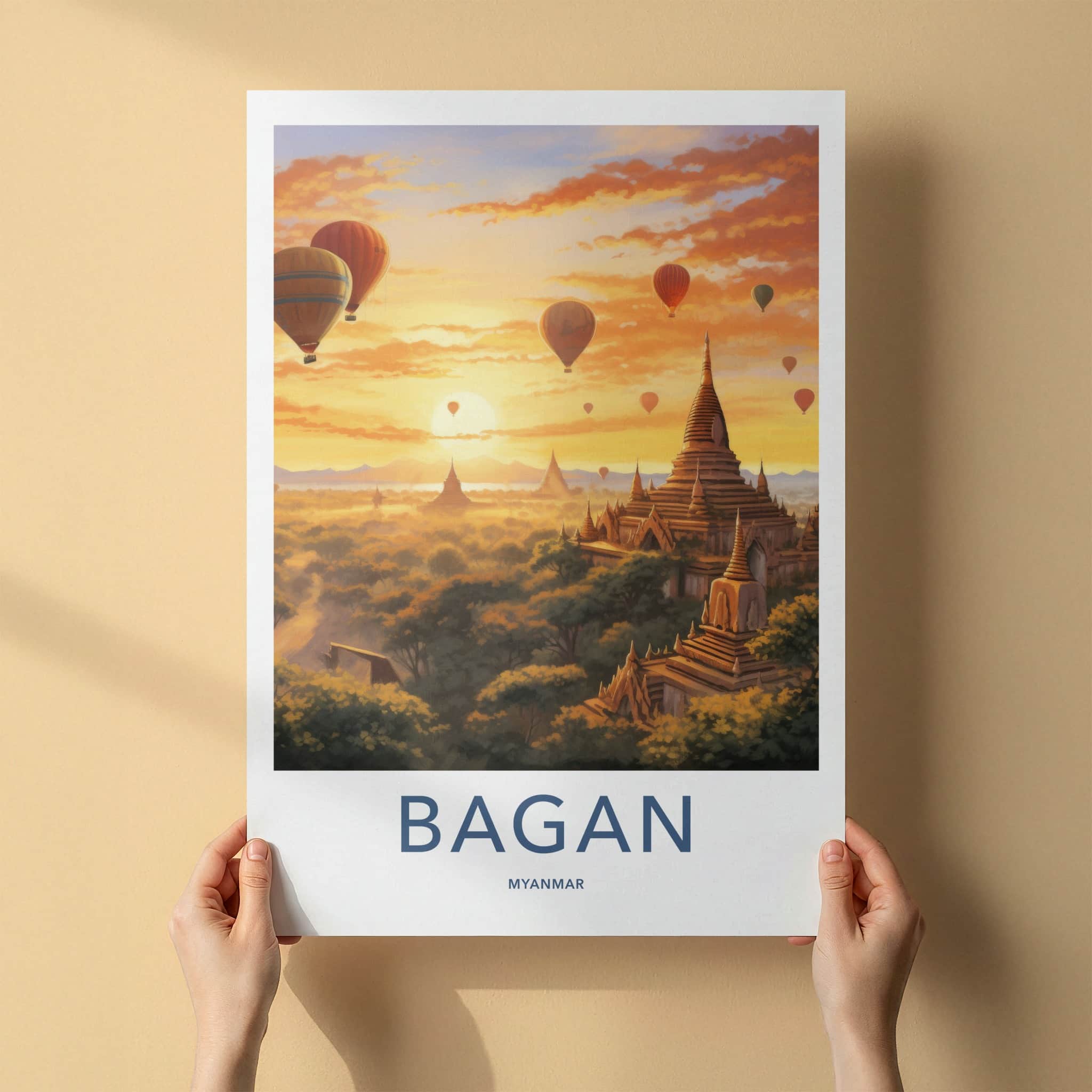 Bagan Poster - Myanmar Travel Art - Golden Temple Sunset Wall Decor