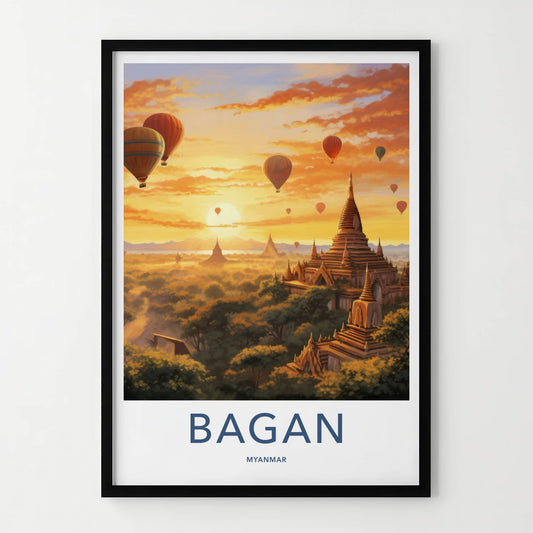Bagan Poster - Myanmar Travel Art - Golden Temple Sunset Wall Decor