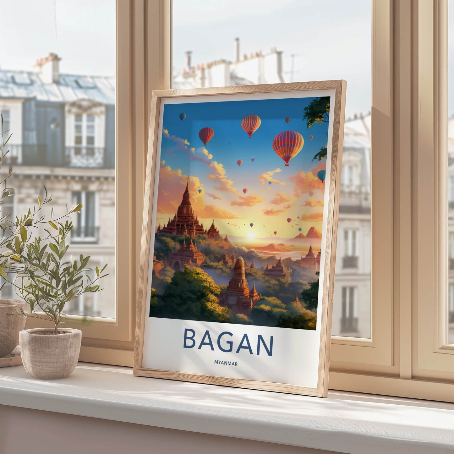 Bagan Poster - Myanmar Travel Art - Sunrise Temple Balloons Home Decor