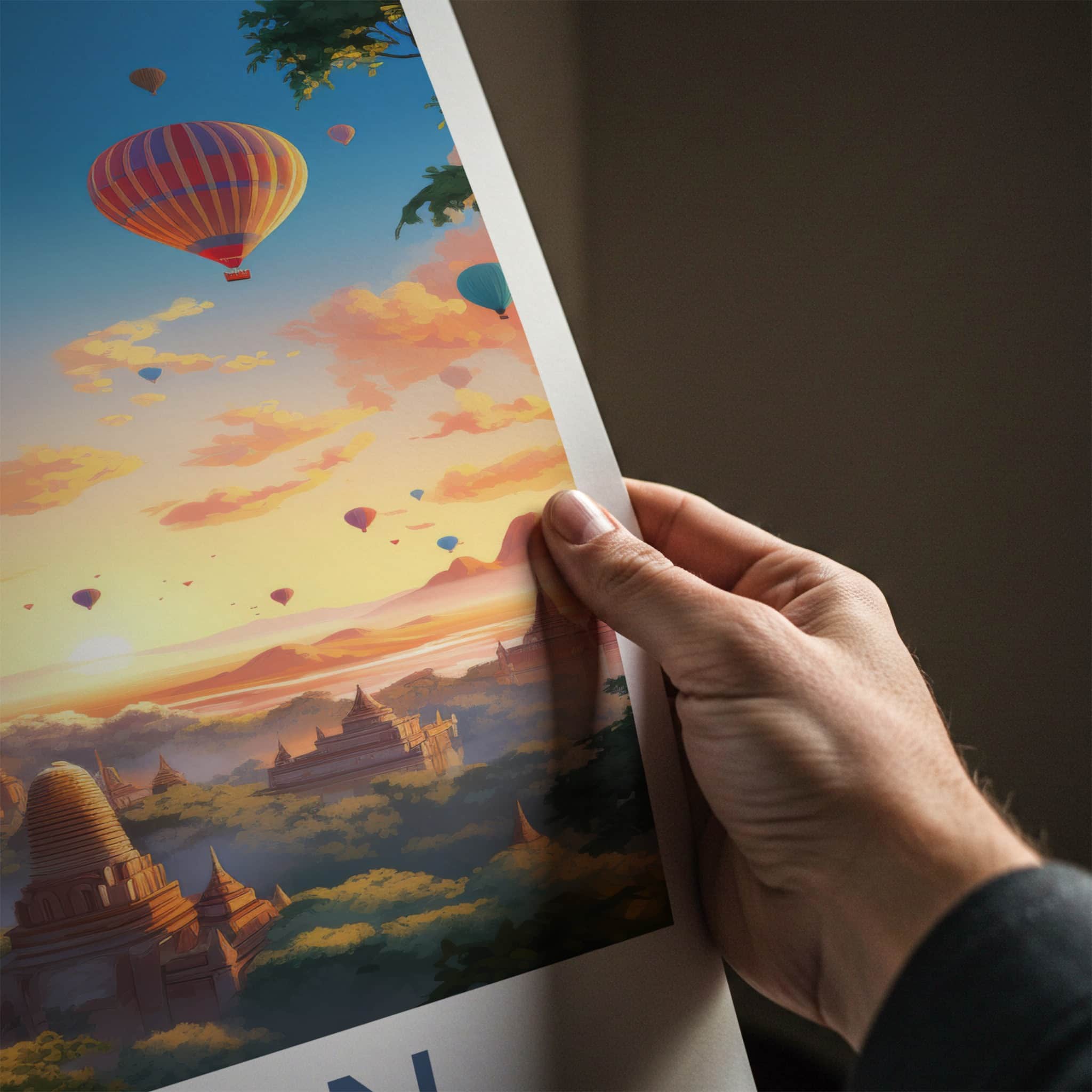 Bagan Poster - Myanmar Travel Art - Sunrise Temple Balloons Home Decor