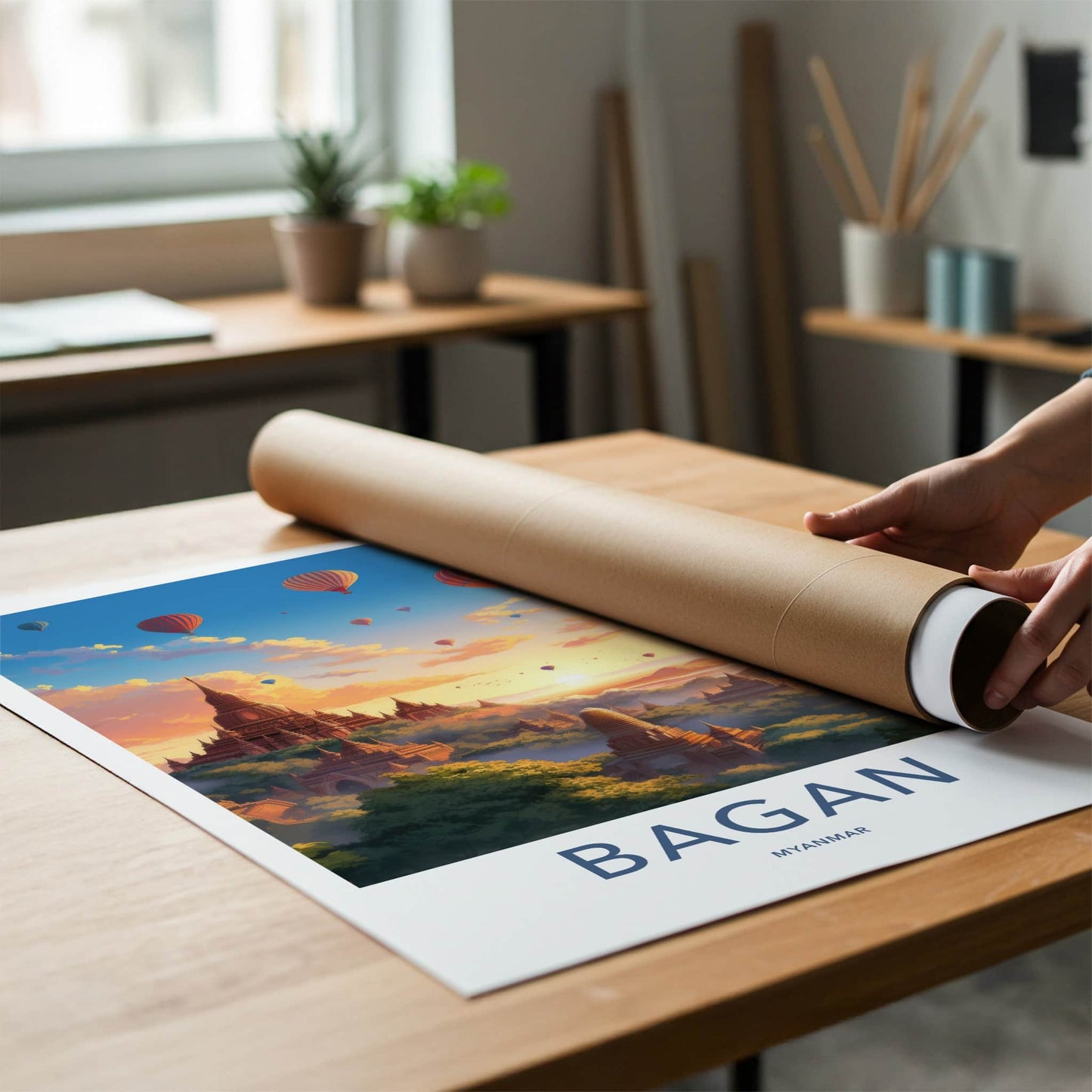 Bagan Poster - Myanmar Travel Art - Sunrise Temple Balloons Home Decor