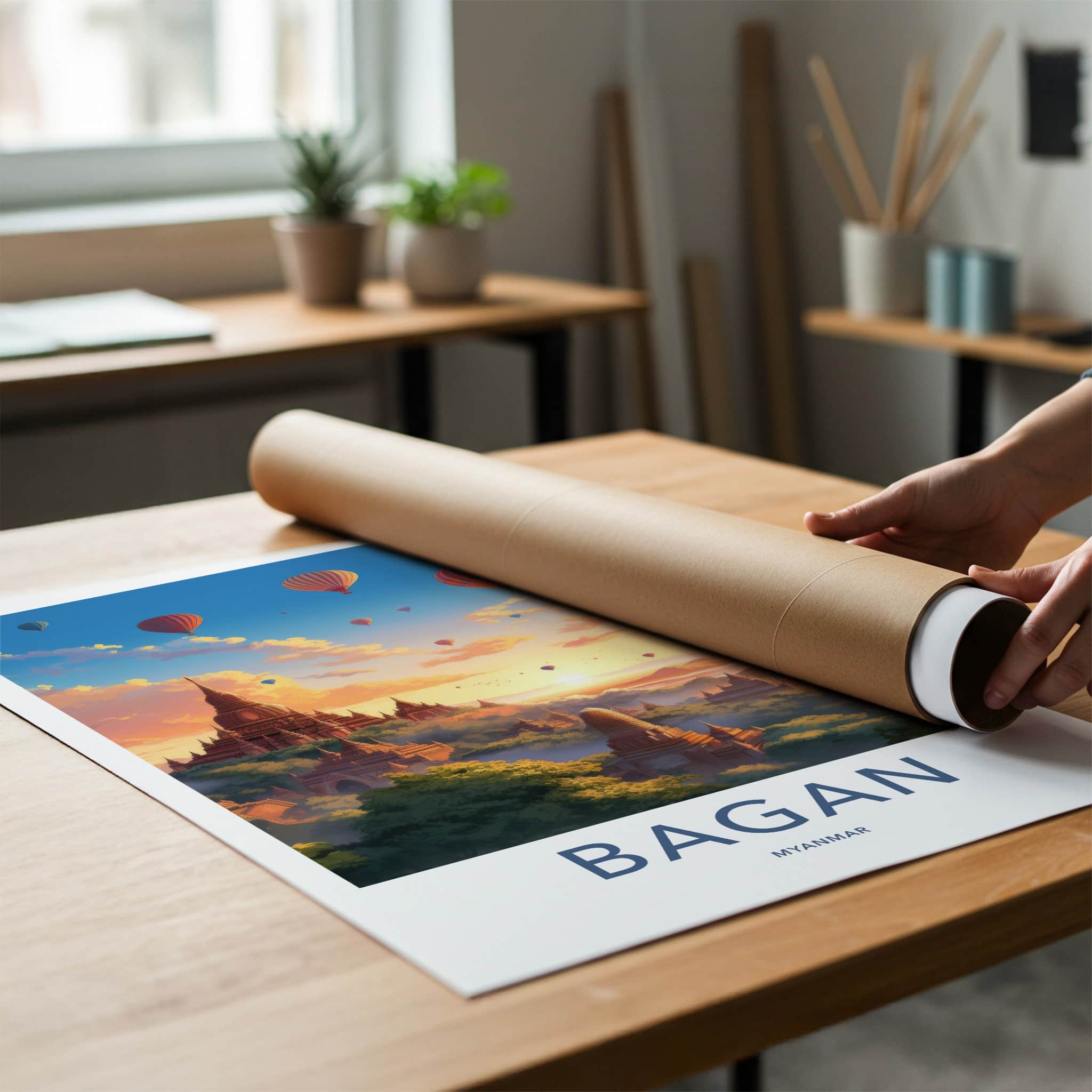 Bagan Poster - Myanmar Travel Art - Sunrise Temple Balloons Home Decor