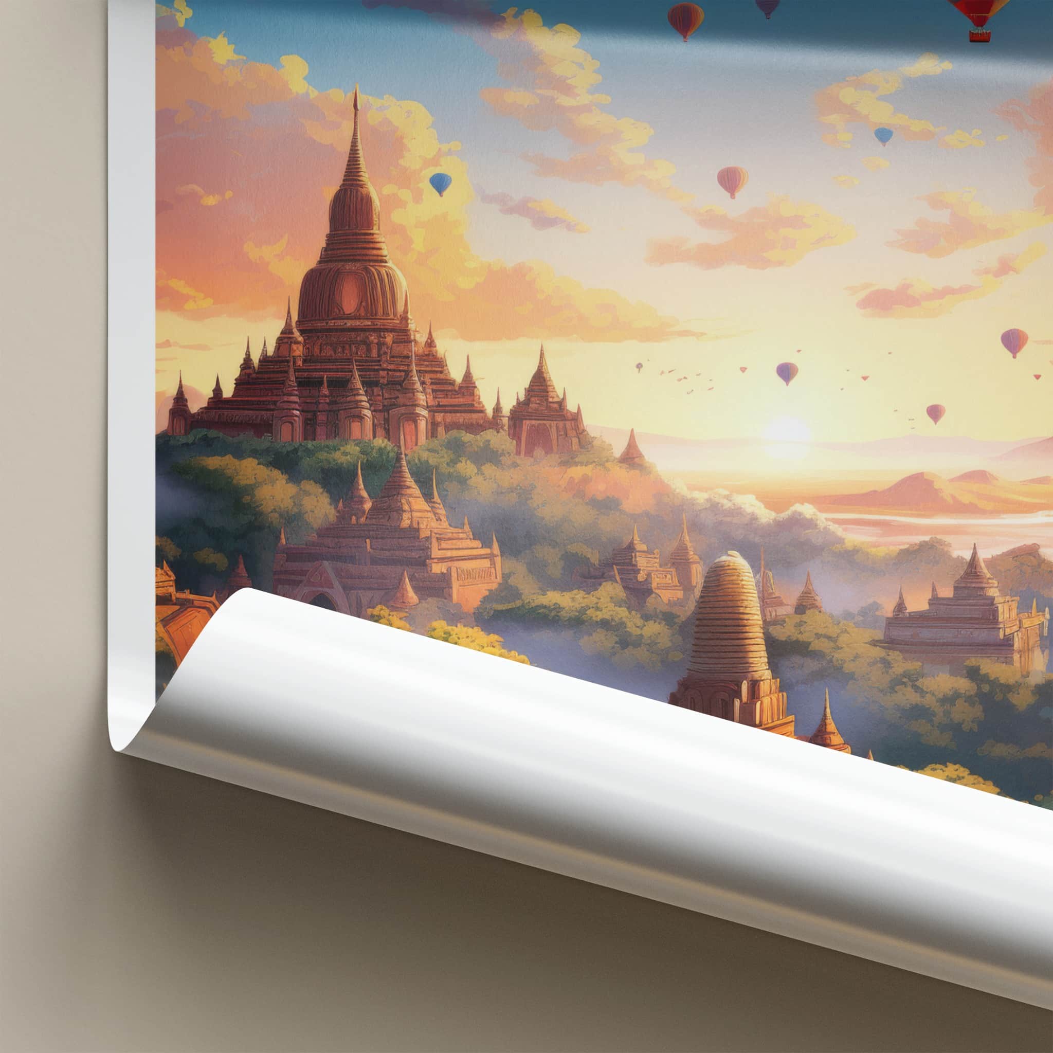 Bagan Poster - Myanmar Travel Art - Sunrise Temple Balloons Home Decor