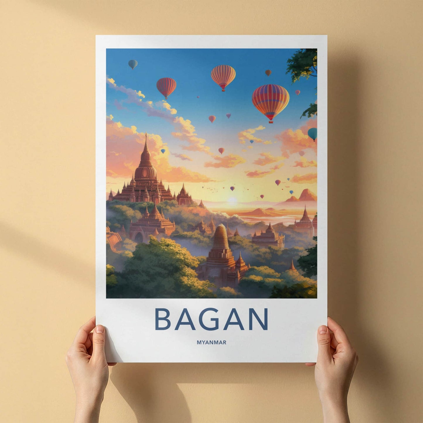 Bagan Poster - Myanmar Travel Art - Sunrise Temple Balloons Home Decor