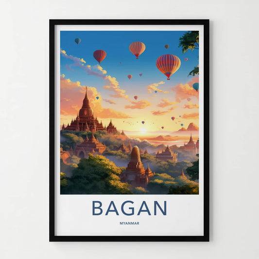 Bagan Poster - Myanmar Travel Art - Sunrise Temple Balloons Home Decor