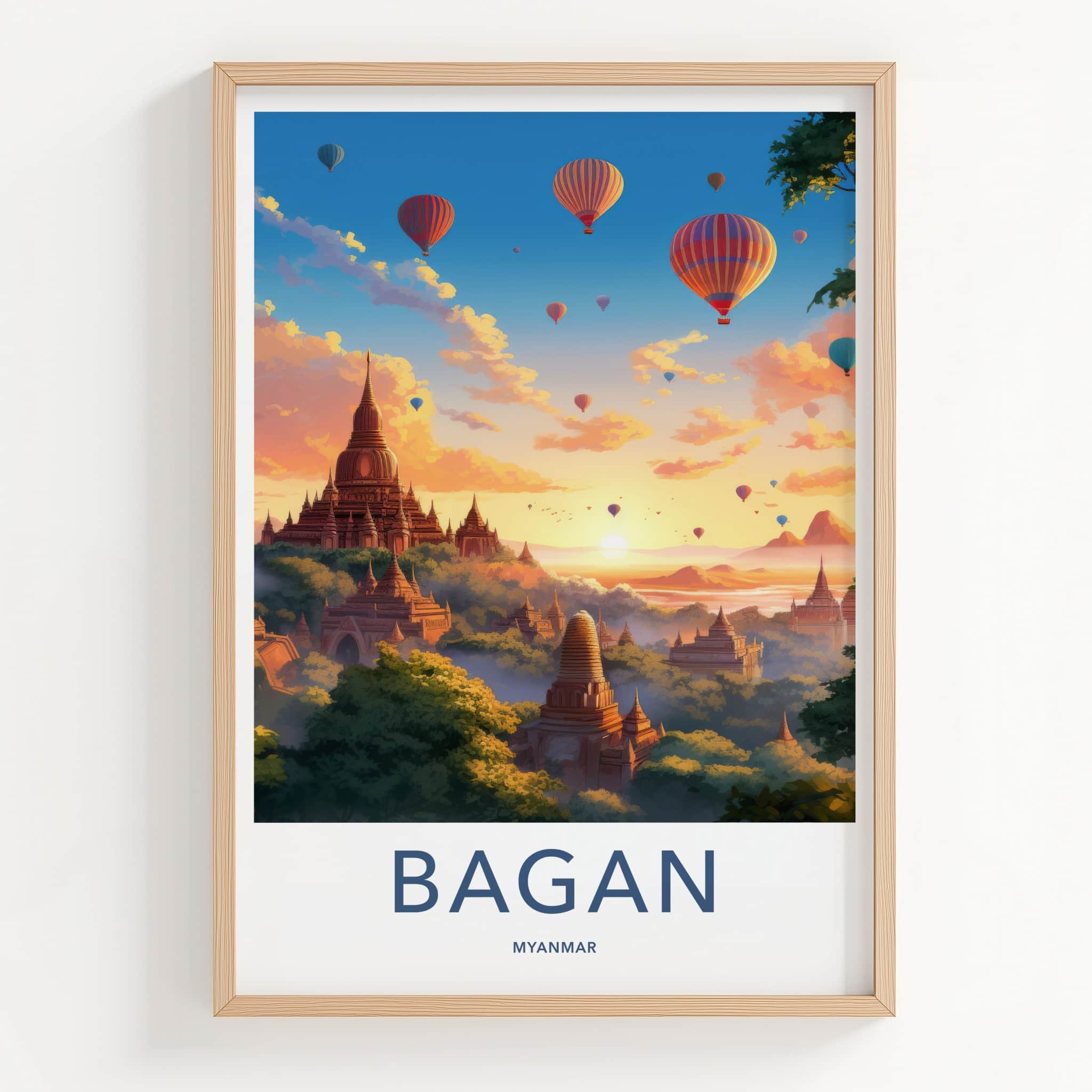 Bagan Poster - Myanmar Travel Art - Sunrise Temple Balloons Home Decor
