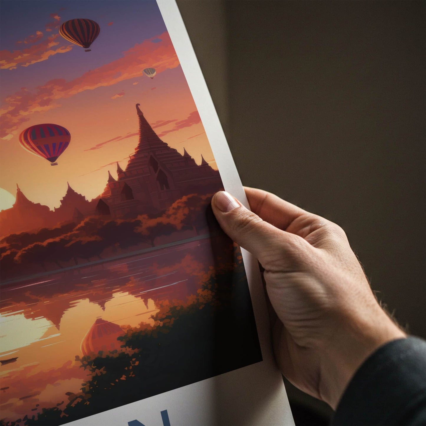 Bagan Poster - Myanmar Travel Art - Sunset Balloons Pagodas Home Decor