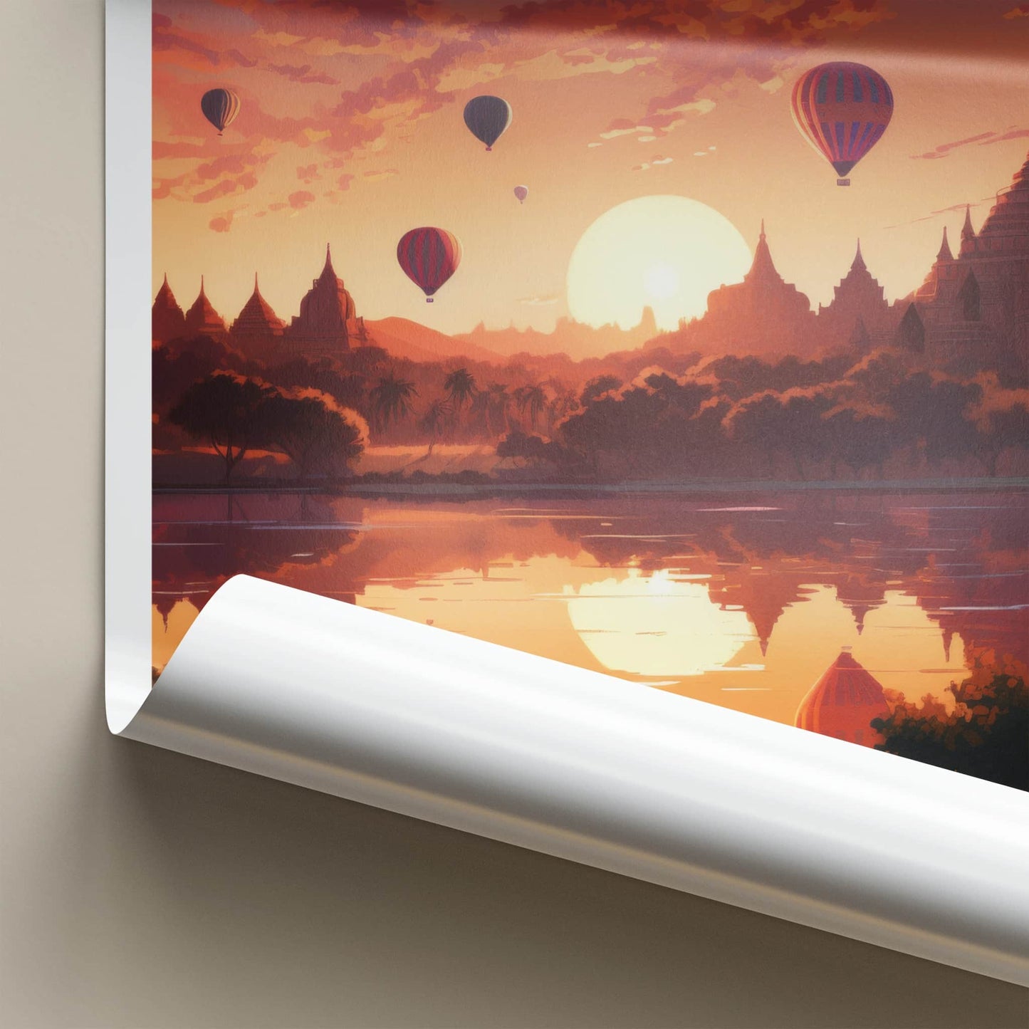 Bagan Poster - Myanmar Travel Art - Sunset Balloons Pagodas Home Decor