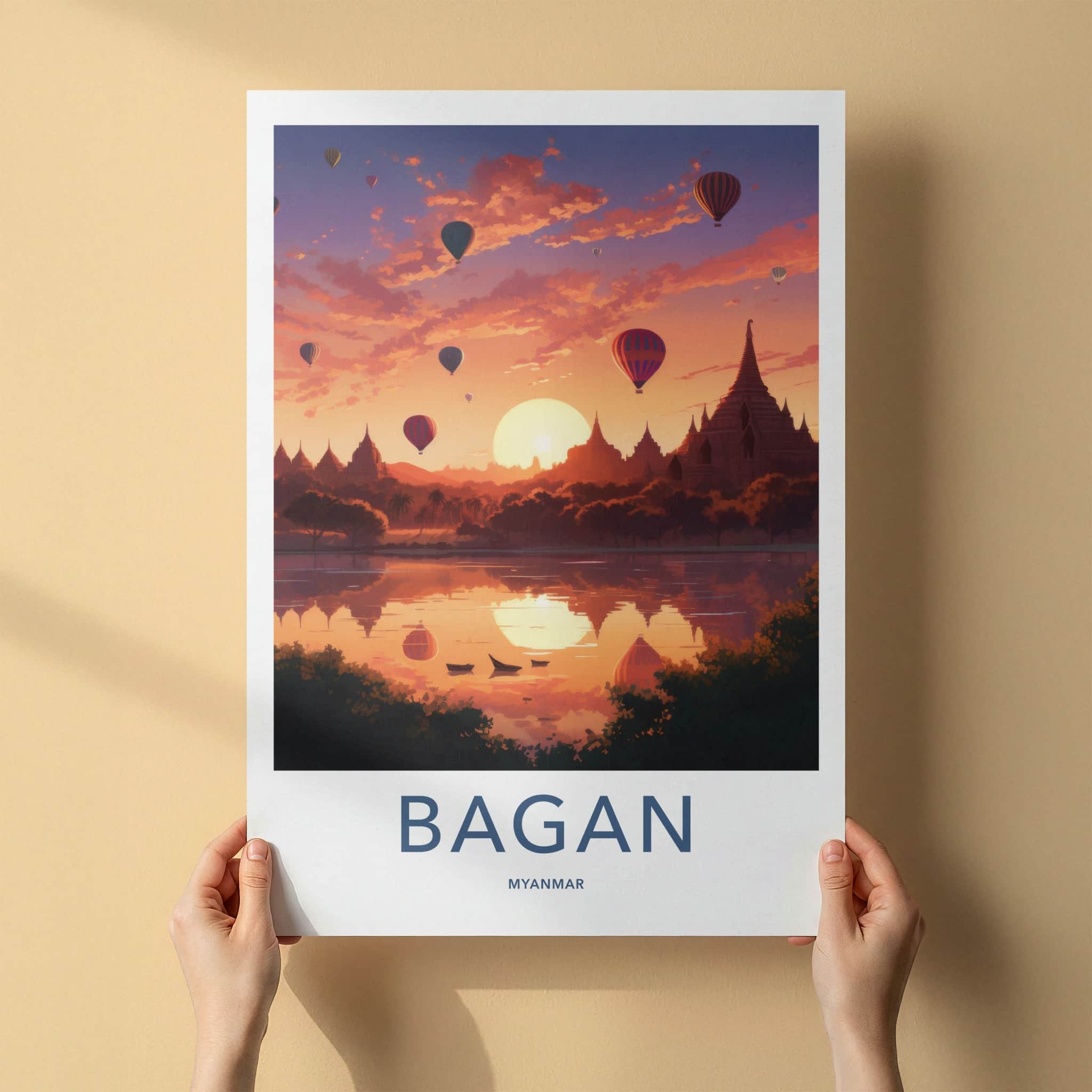 Bagan Poster - Myanmar Travel Art - Sunset Balloons Pagodas Home Decor