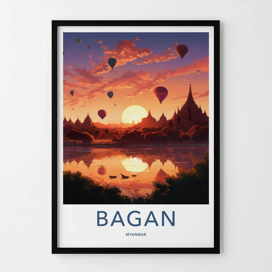 Bagan Poster - Myanmar Travel Art - Sunset Balloons Pagodas Home Decor