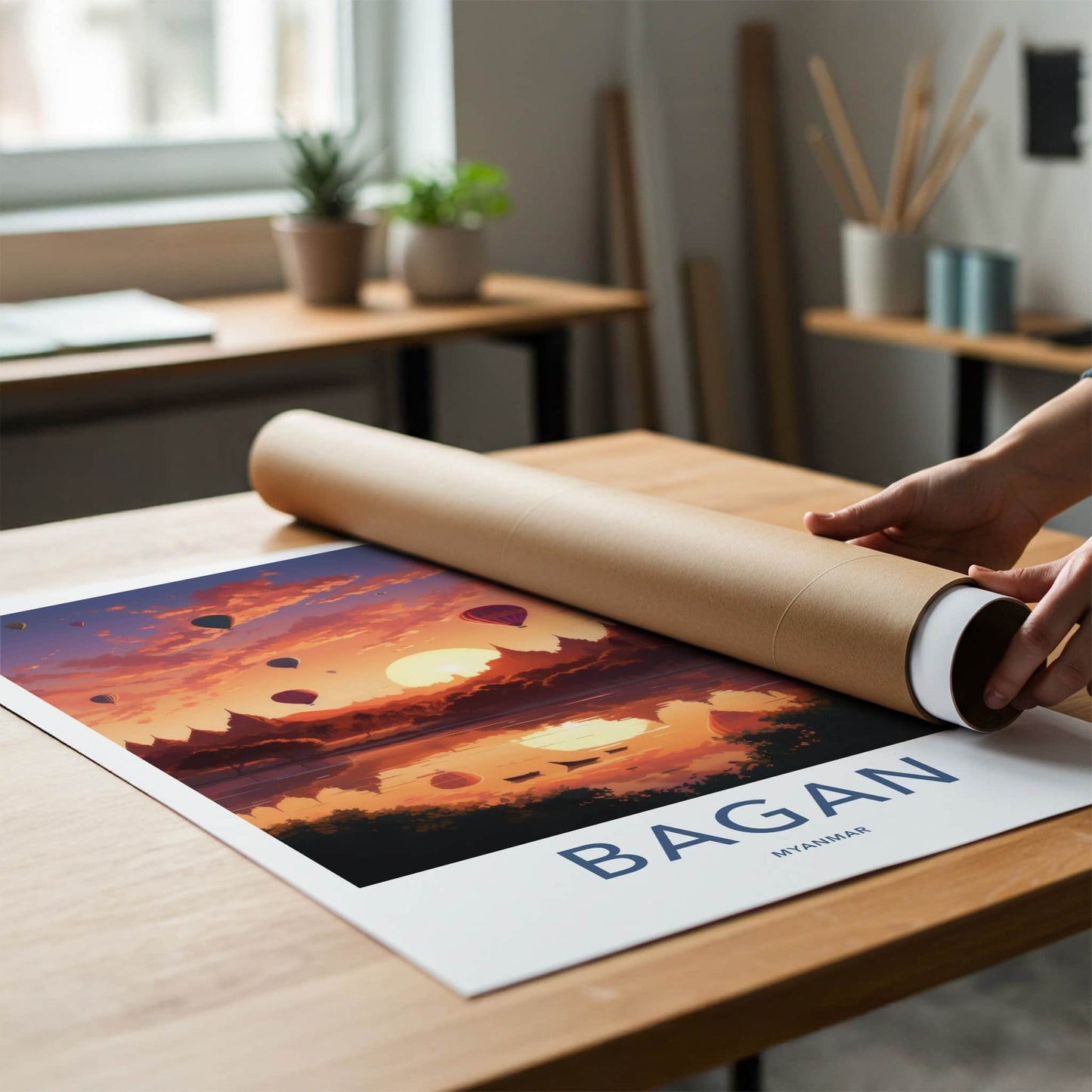 Bagan Poster - Myanmar Travel Art - Sunset Balloons Pagodas Home Decor