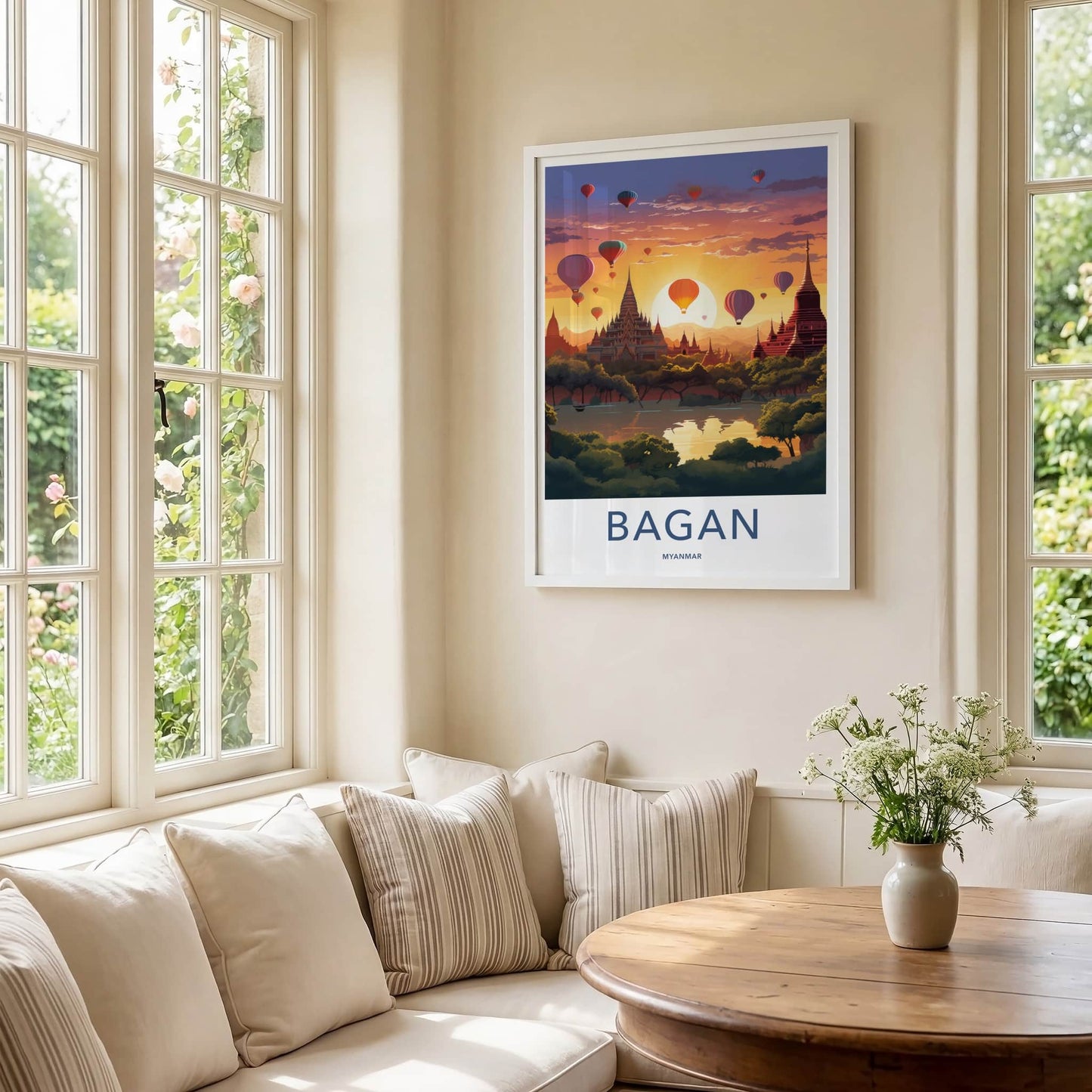 Bagan Poster - Myanmar Travel Art - Temples Balloon Sunset Home Decor