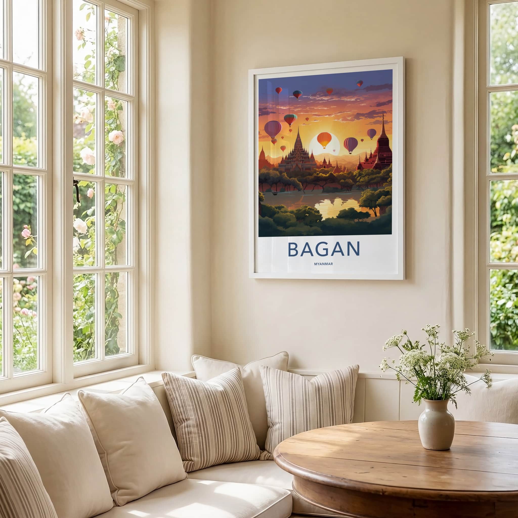 Bagan Poster - Myanmar Travel Art - Temples Balloon Sunset Home Decor
