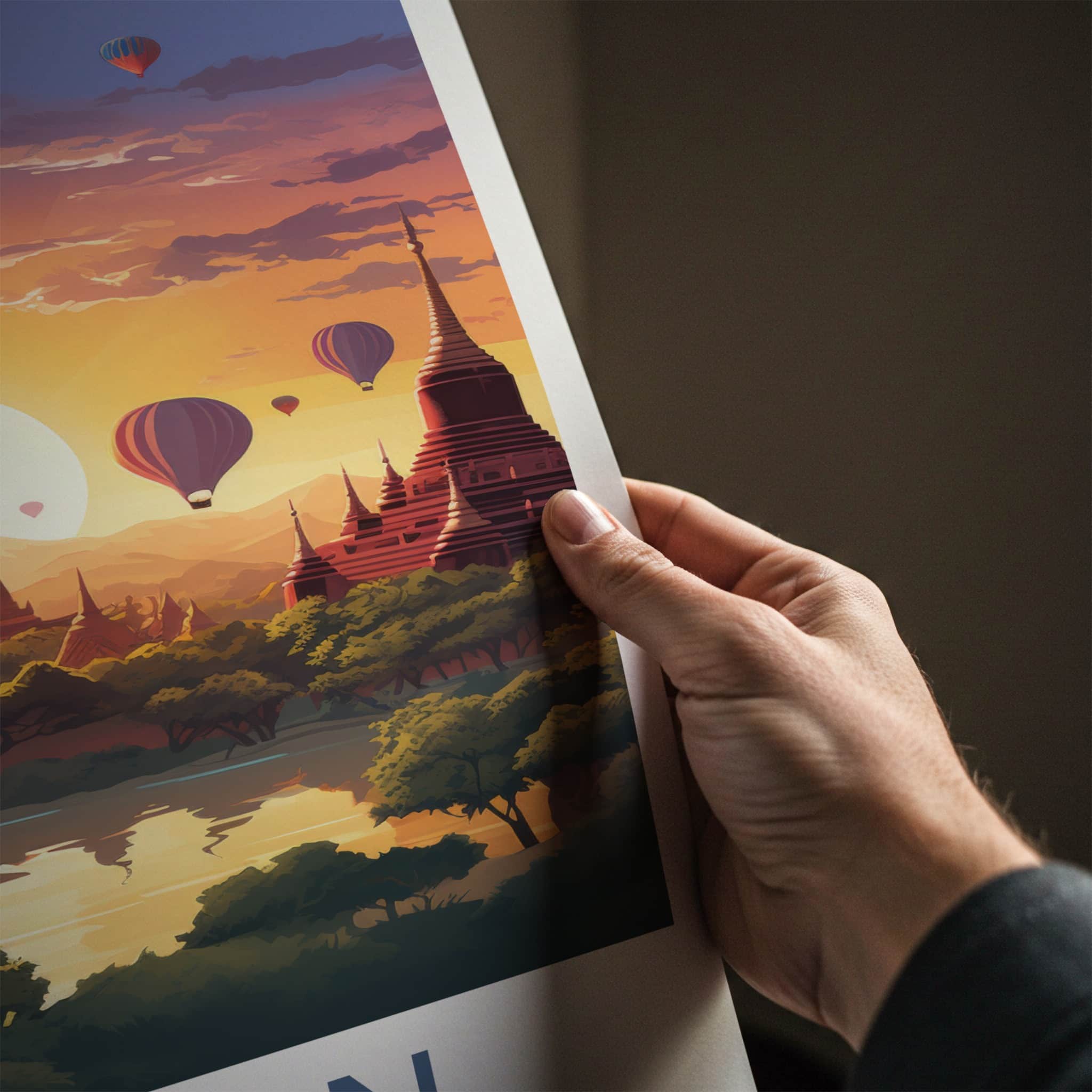 Bagan Poster - Myanmar Travel Art - Temples Balloon Sunset Home Decor