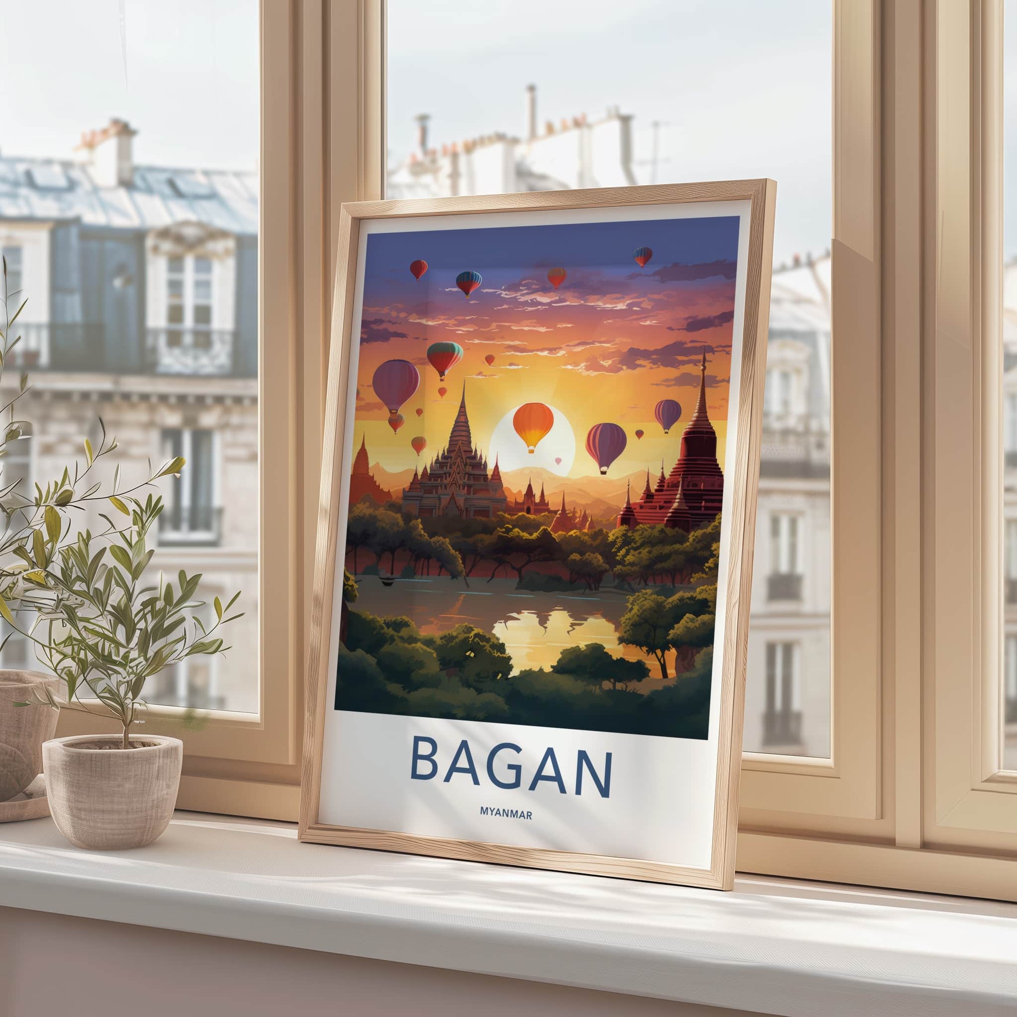 Bagan Poster - Myanmar Travel Art - Temples Balloon Sunset Home Decor