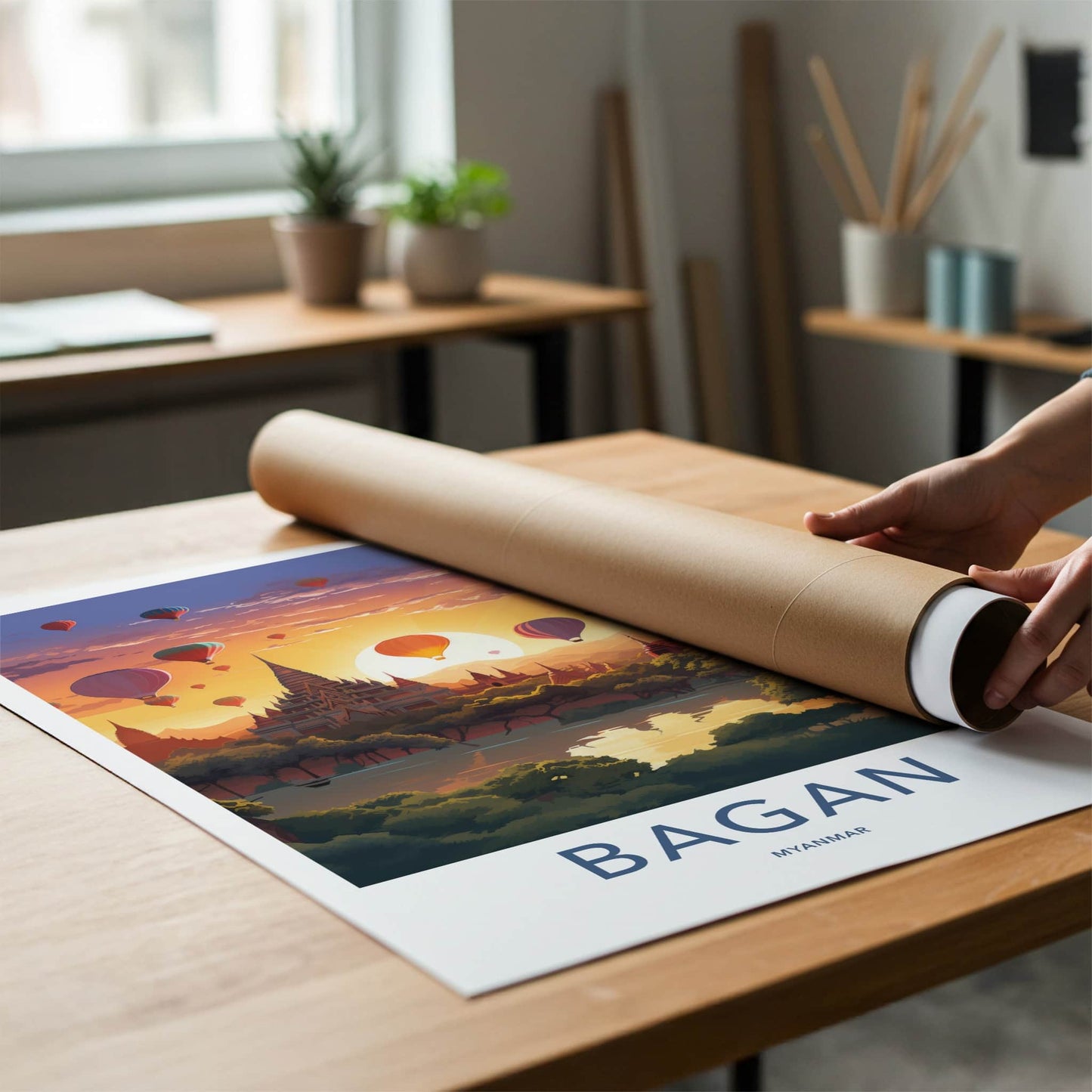 Bagan Poster - Myanmar Travel Art - Temples Balloon Sunset Home Decor