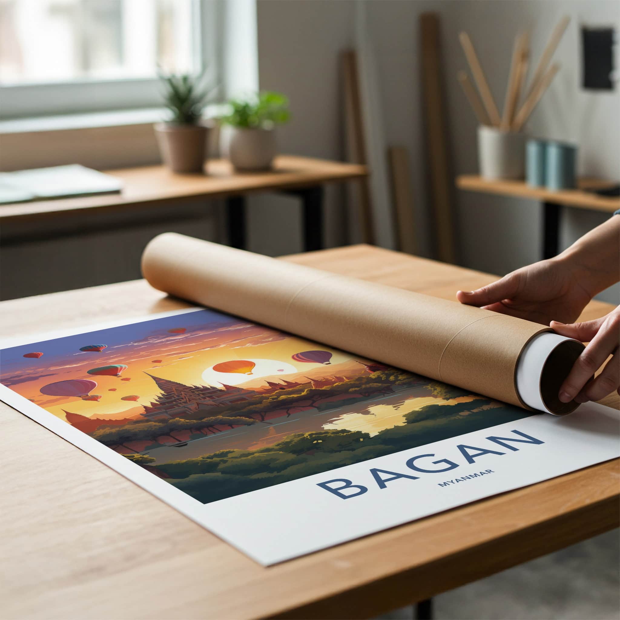 Bagan Poster - Myanmar Travel Art - Temples Balloon Sunset Home Decor