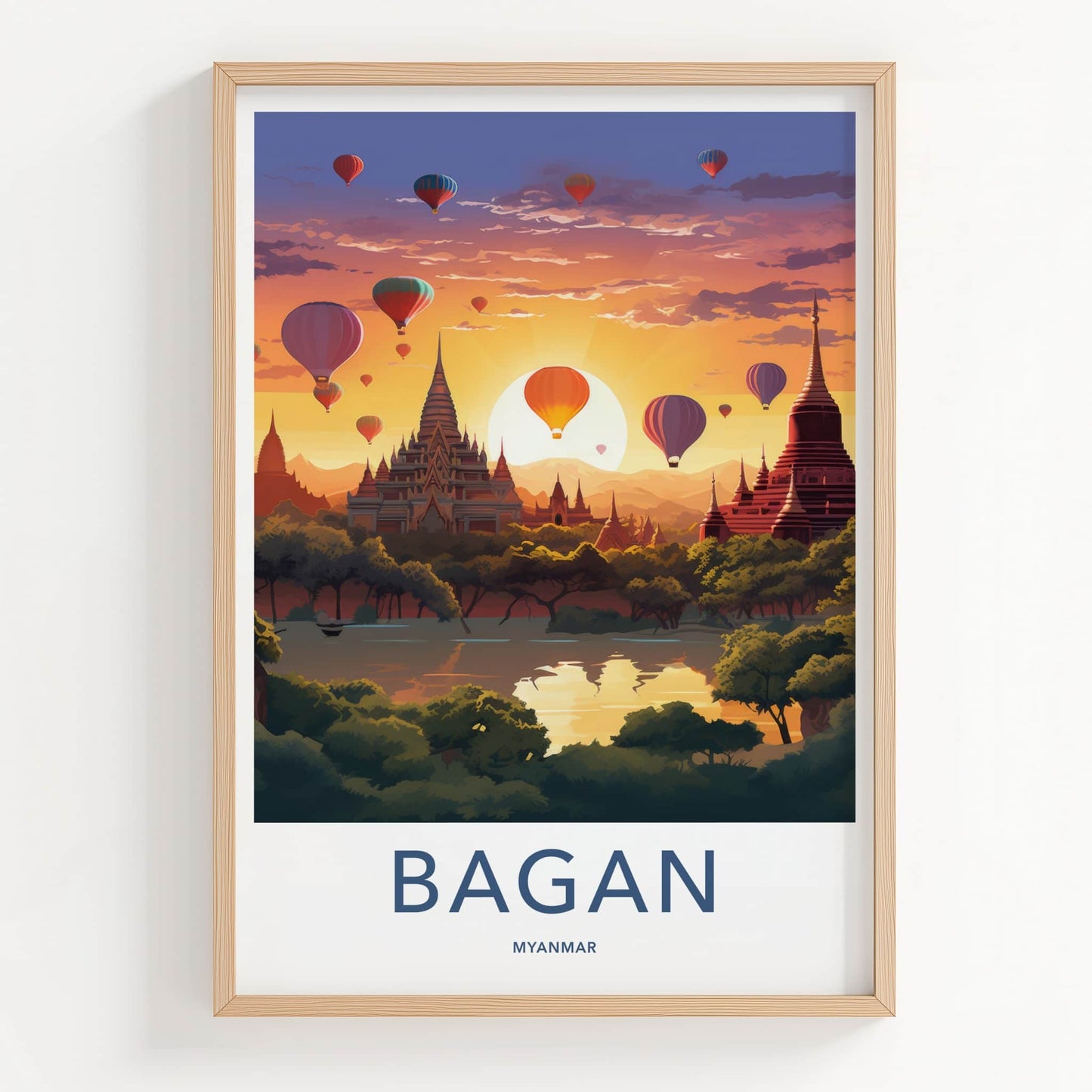 Bagan Poster - Myanmar Travel Art - Temples Balloon Sunset Home Decor