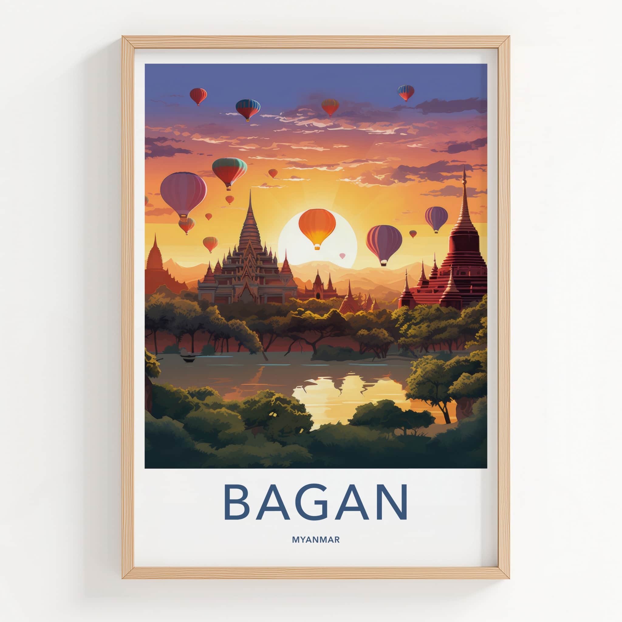 Bagan Poster - Myanmar Travel Art - Temples Balloon Sunset Home Decor